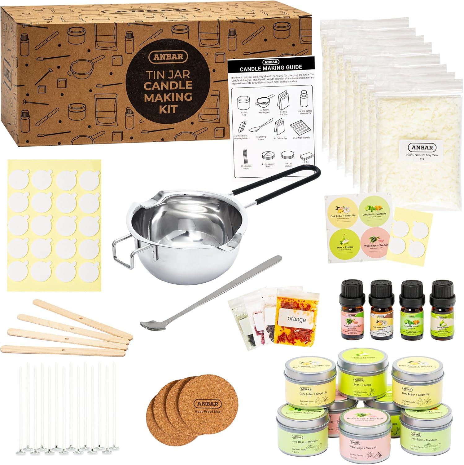 Anbar Complete DIY Candle Making Kit - Aluminium Tins, Natural Soy Wax, Cotton Wicks, Essential Oils, Labels, and Essential Accessories for Scented Votive Candles, Fun Hobby Crafting Set