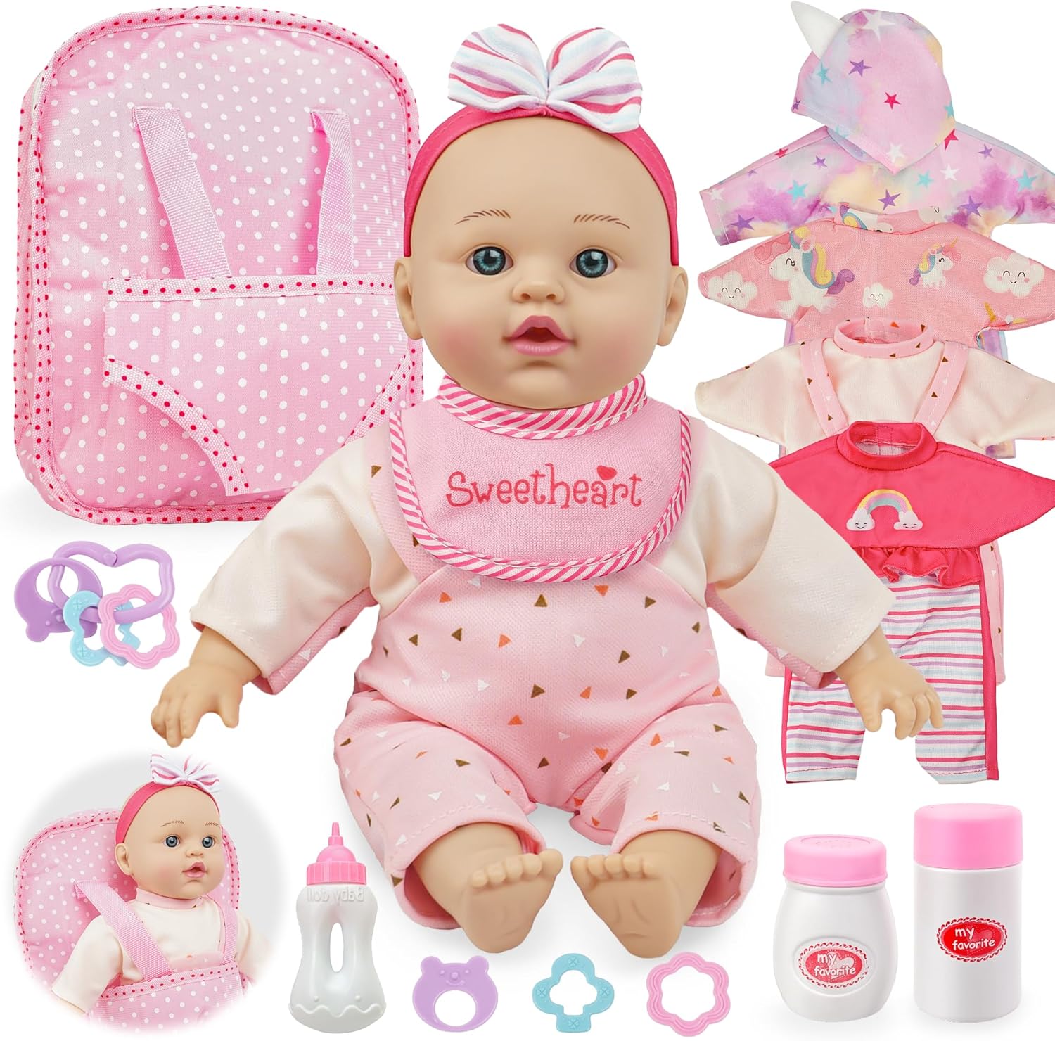 SMILESSKIDDO 12 Inch Soft Body Baby Doll for Toddlers with Take Along Dolls Backpack Carrier Accessories, Baby Doll Clothes and Babydoll Caring Set for Kids Girls 2 3 4 5 Year Old