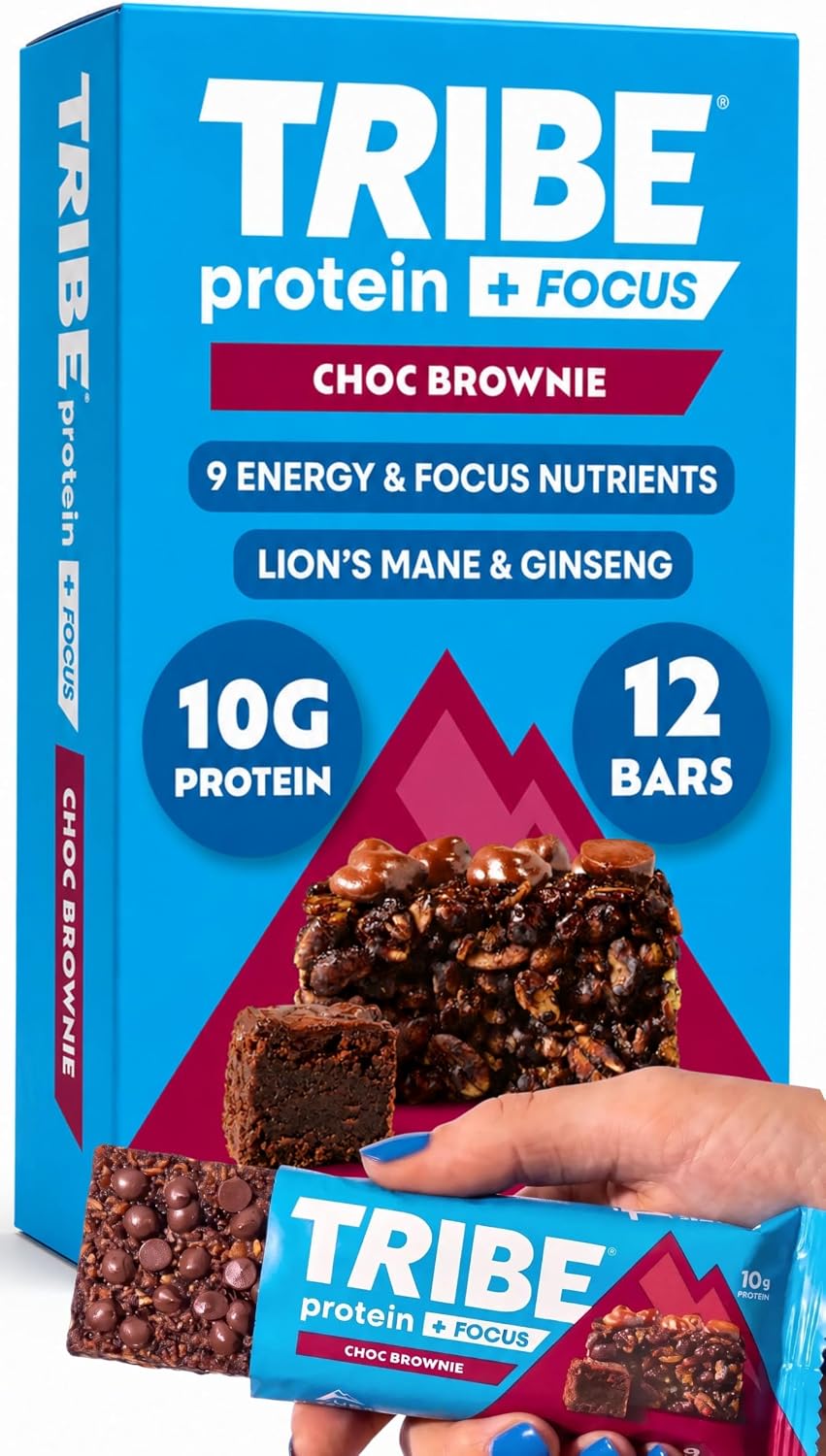 TRIBE Protein + Focus Flapjack Bars - Choc Brownie (12 x 60g) | Vegan Protein Bar | Lion's Mane, Ginseng + 9 Nutrients For Clarity & Natural Energy | High Fibre, Gluten Free Healthy Snack