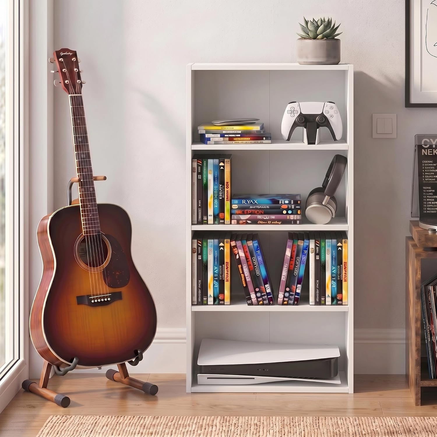 Furinno Basic DVD Shelf, 4-Tier CD Rack, Media Shelf, White