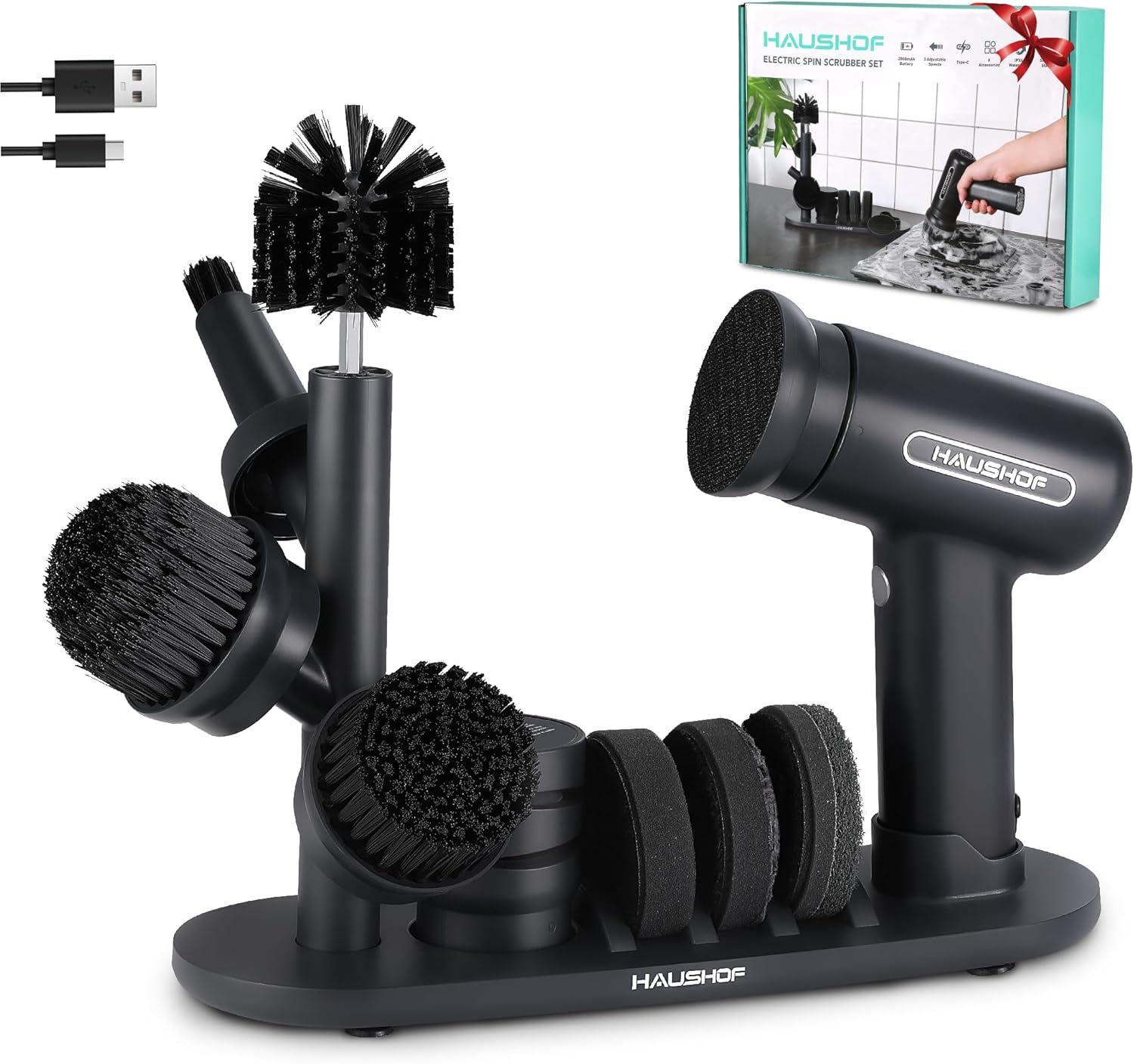 HAUSHOF Electric Cleaning Brush, Handheld Cordless Electric Spin Scrubber with 7 Brush Heads and Knife Sharpener, 3 Speeds, Great for Bathroom, Kitchen, Floor, Tub, Shower, Tile