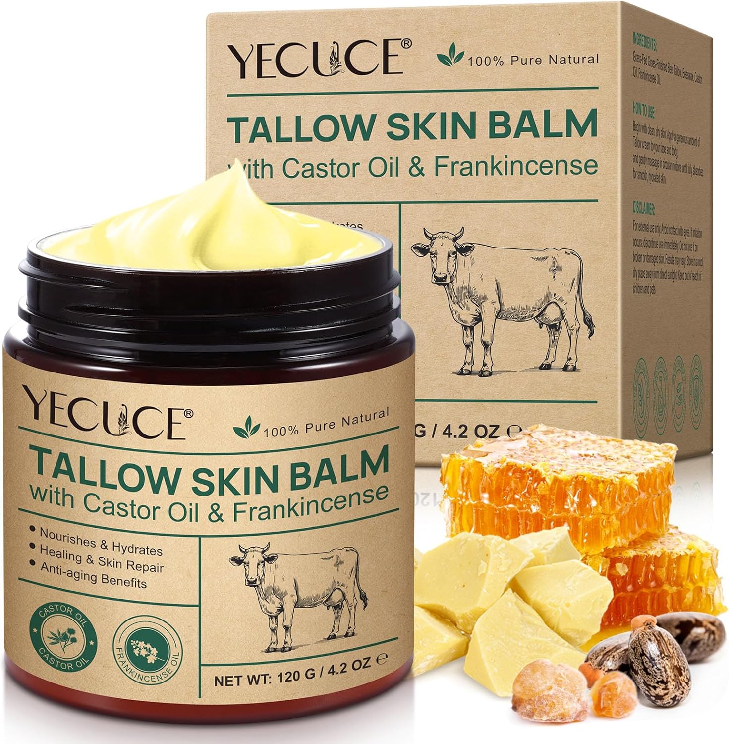 Tallow Frankincense Oil Castor Oil Skin Balm, 100% Grass-Fed Beef Tallow Skin Care, Face & Body Moisturizer Cream for All Skin