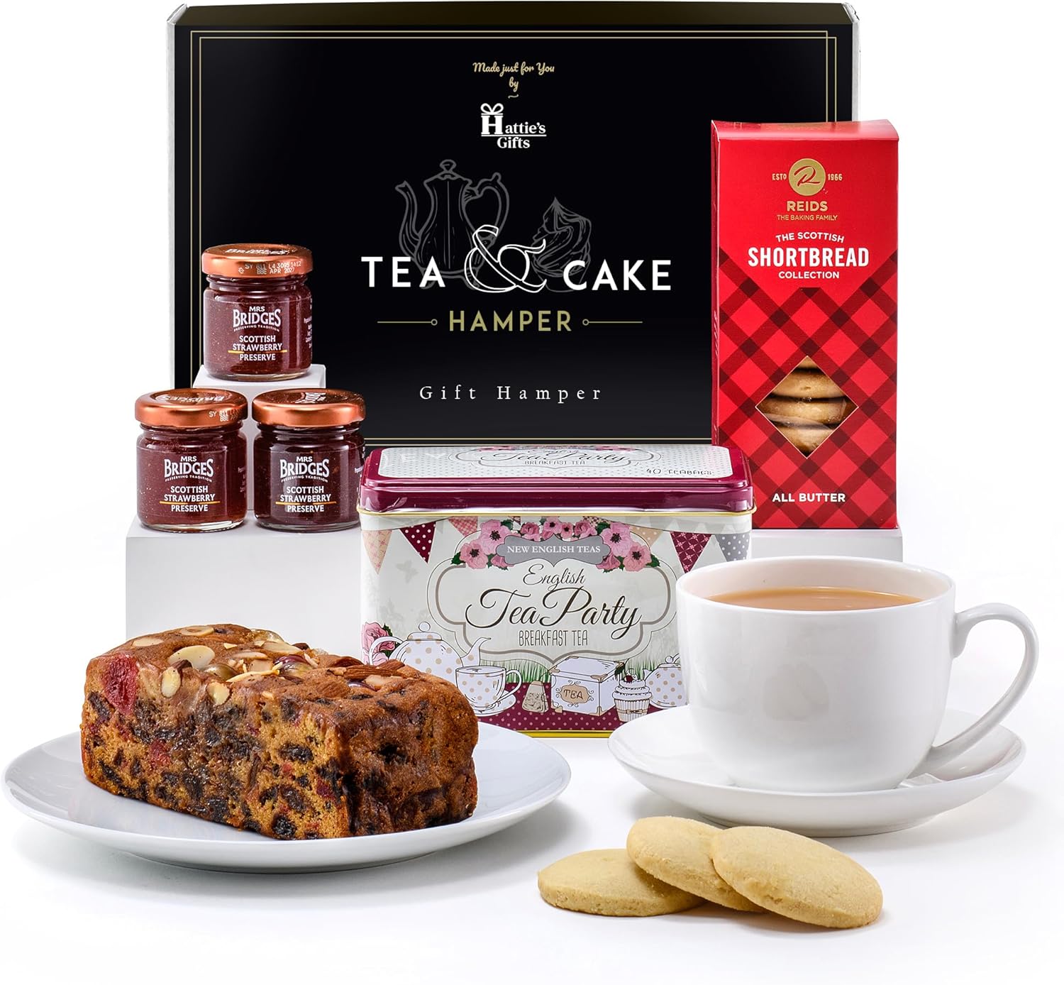Hattie’s Gifts Afternoon Tea Hamper - Luxury Fruit & Nut Cake, Scottish Jams, All-Butter Shortbread, English Breakfast Teabags | Thank You Teacher Gourmet Food Gift Set