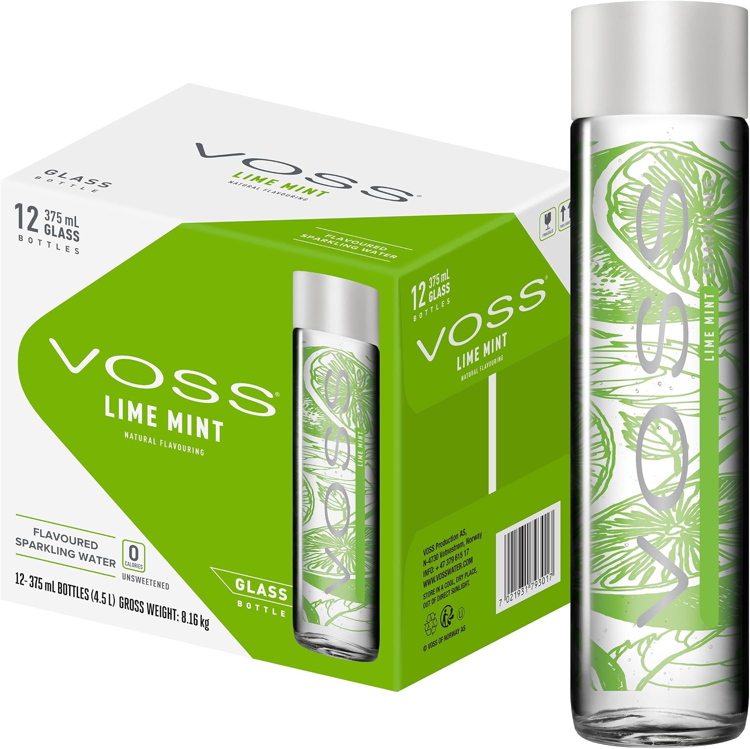 VOSS Lime Mint Flavoured Sparkling Water, Pack of 12 x 375ml VOSS Original Glass Bottles, Zero Calories, No Sugar, Naturally Sourced