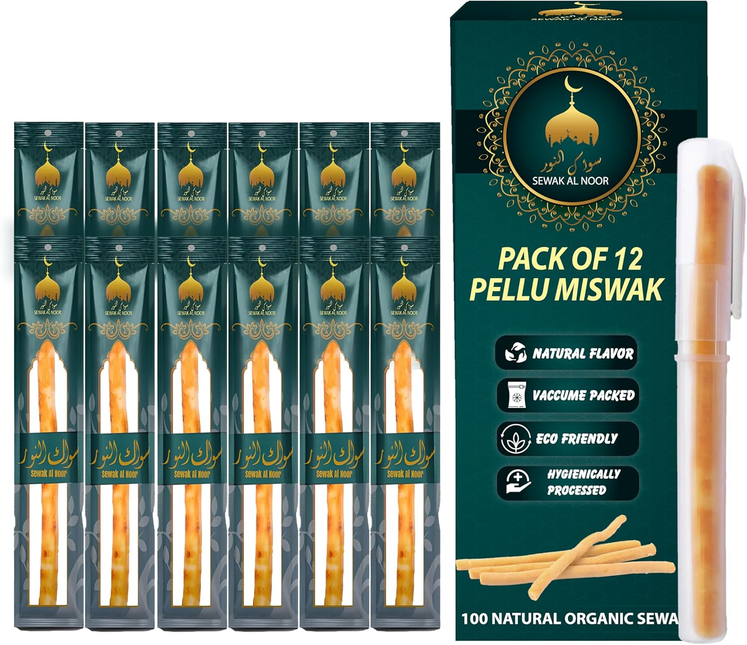 Pack of 12 Miswak Sticks for Teeth with Holder - Natural Toothbrush for Teeth Whitening, Oral Health & Fresh Breath - Vacuum Sealed Natural Flavored Chew Sticks for Humans || Pack of 12