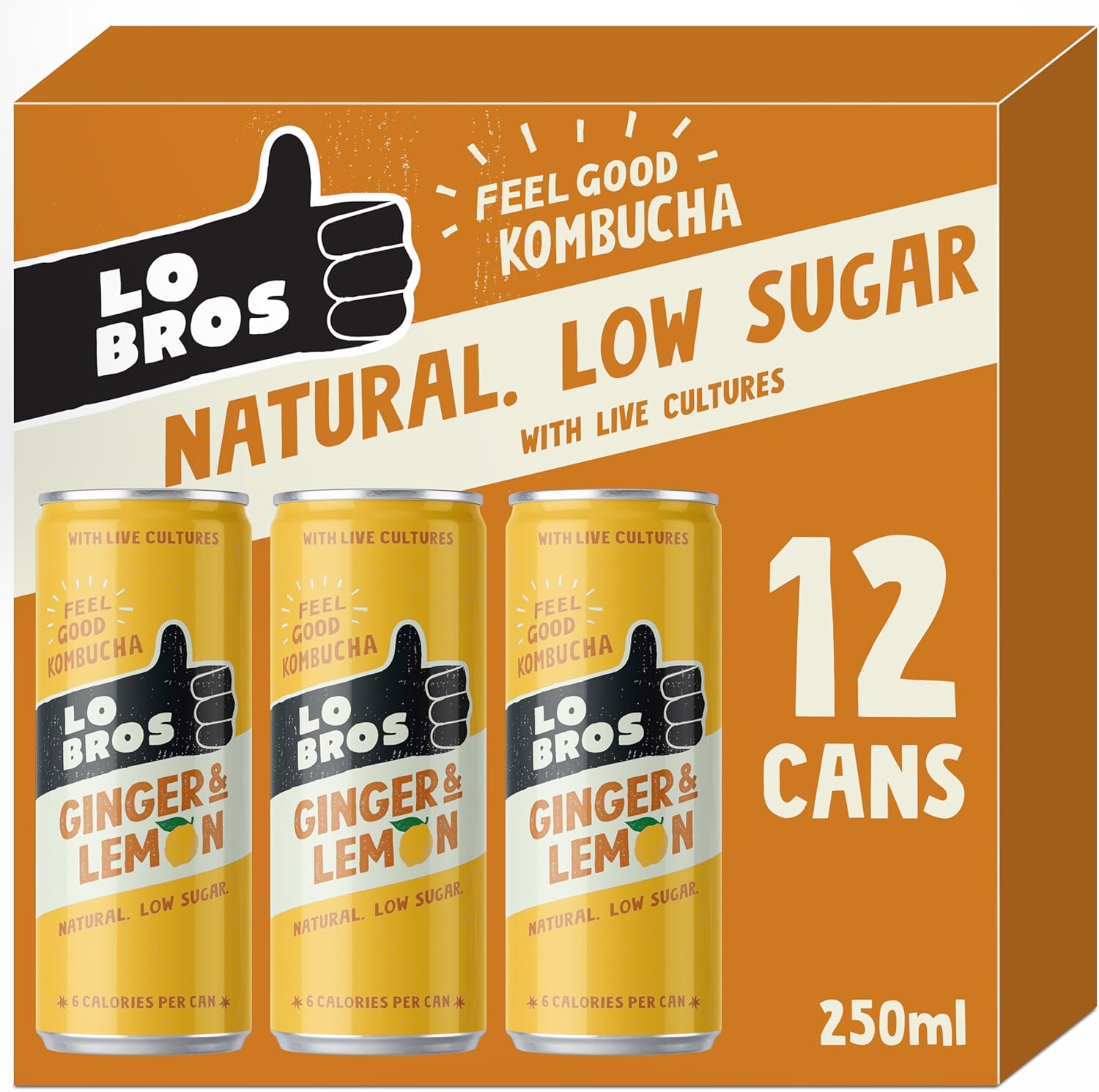Lo Bros Kombucha - Ginger & Lemon - Sparkling Refreshing Drink with Natural Ingredients and Live Cultures, Supports Gut Health, Low Sugar, Vegan, Gluten Free- 12 x 250ml