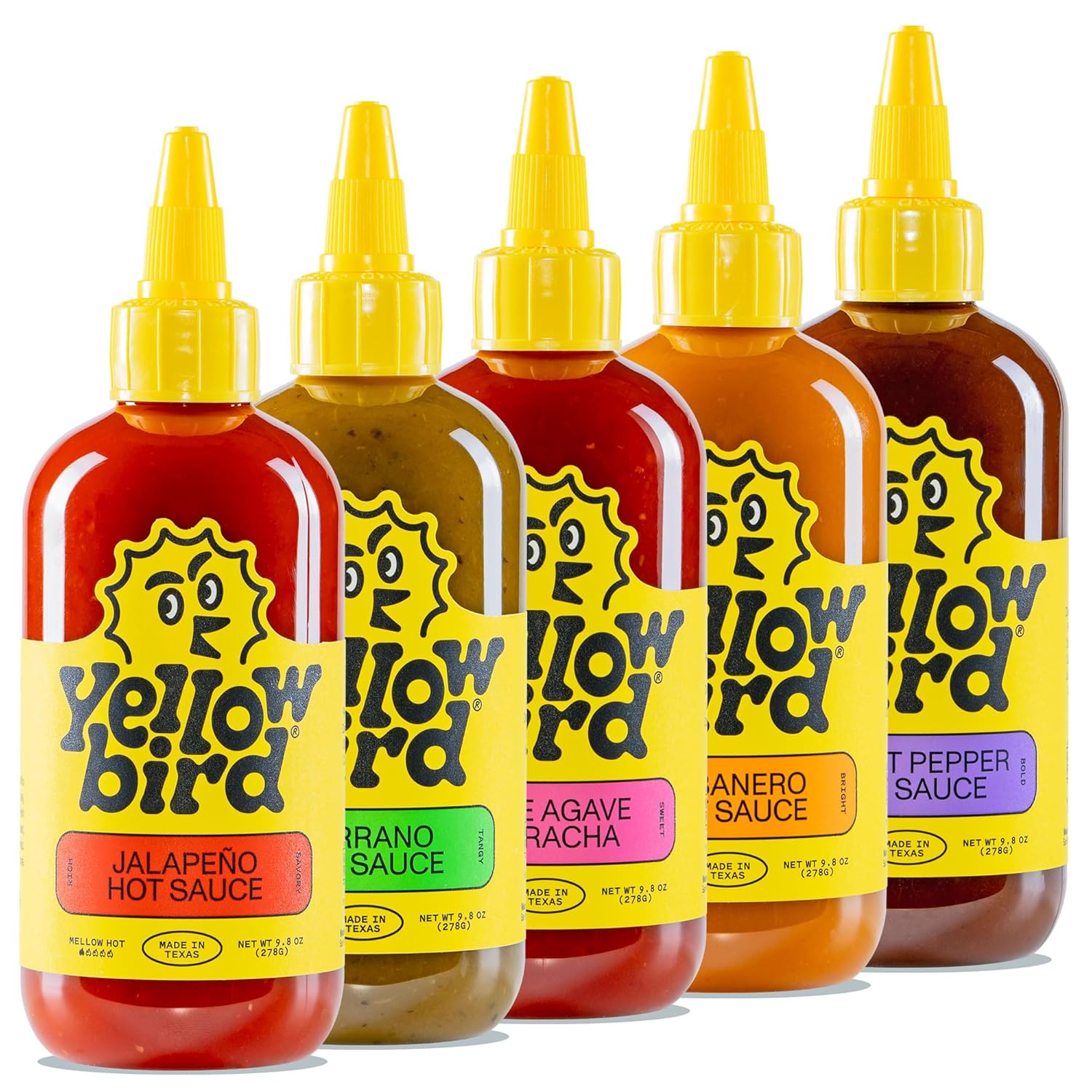 Yellowbird® Classic Hot Sauce Variety Set 9.8 oz Pantry Size (Mellow to Real Hot | 5 Flavors | Made in Texas)
