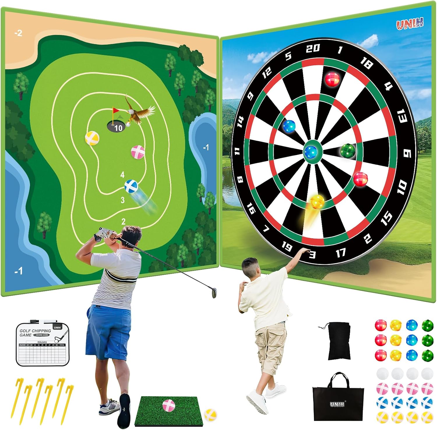 UNIH Chipping Golf Game Mat, Double-Sided Golf Darts Practice Mats Outdoor Indoor Games for Adults and Family Kids Stick Chip Velcro Golf Game Set for Home Yard Backyard Party Games Toys(No Club)