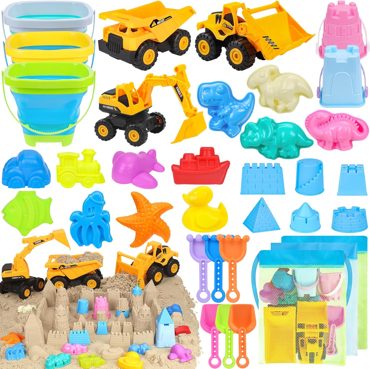 Beach Toys, 35Pcs Sand Toys with 3 Construction Vehicles, 3 Collapsible Beach Bucket, Sand Castle Building Kit, Sand Molds, Shovel Set, Mesh Bag, Travel Toys for Toddlers Kids Boys Girls