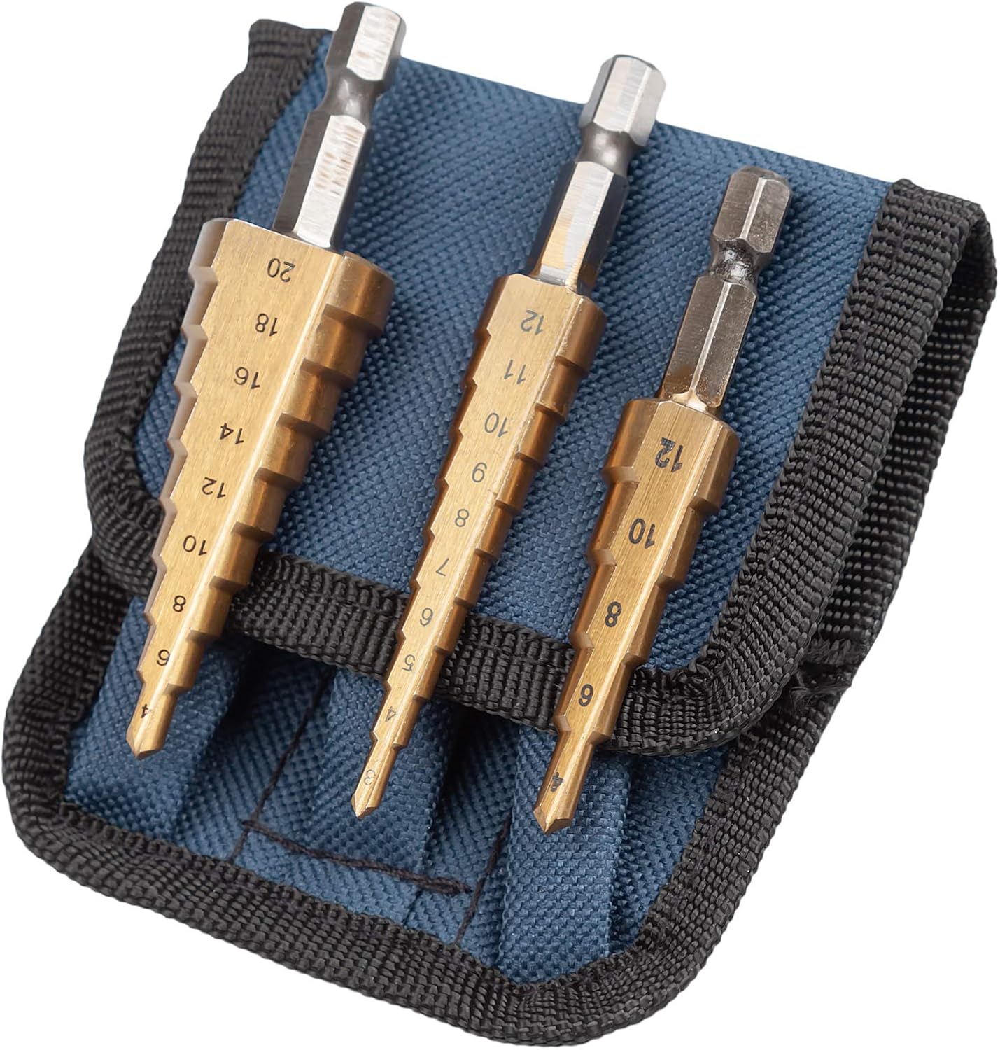 UK Drills HSS Step Drill Bits Set Titanium Coated 3pc 3-20mm for Drilling on Hard Metal, Stainless Steel, Cast Iron