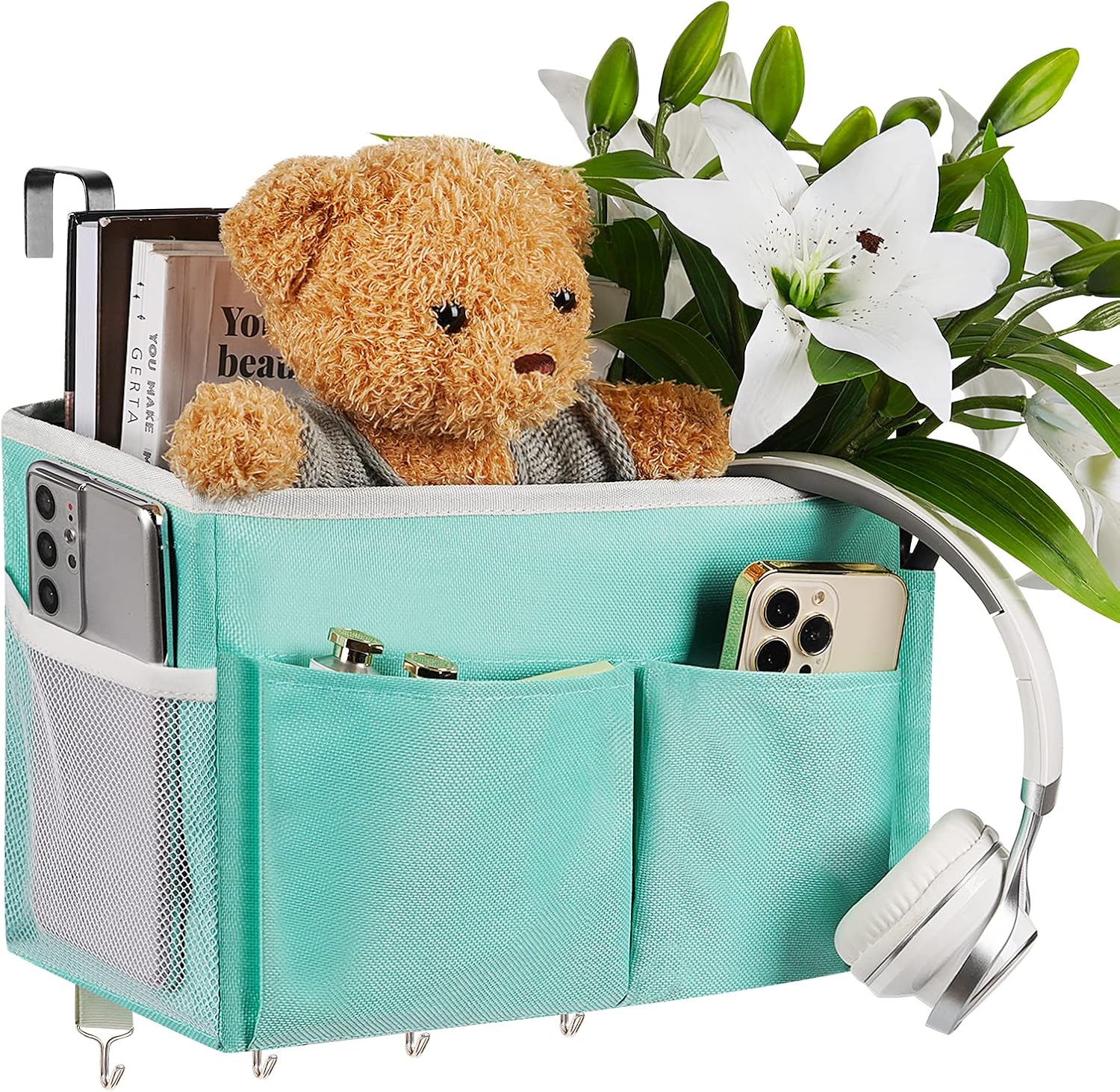 Bedside Storage Organizer 5 Pockets with 4 Hooks Hanging Storage Bag for Headboards/Bunk Bed (Light Green)