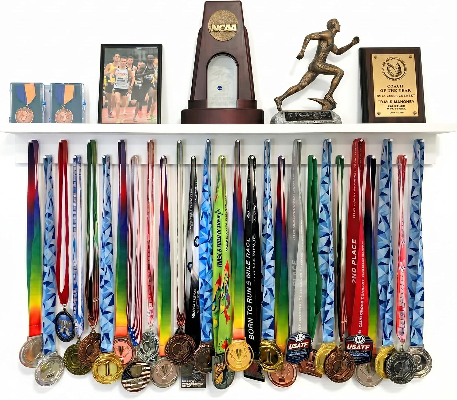 3ft Medal Hanger Display for Wall — Trophy Shelf with Hooks for Medals — 36" Solid Wood — Holds 30+ Medals + Cased Medals for Running, Gymnastics, Cheer, Karate — White- Medal Awards Rack