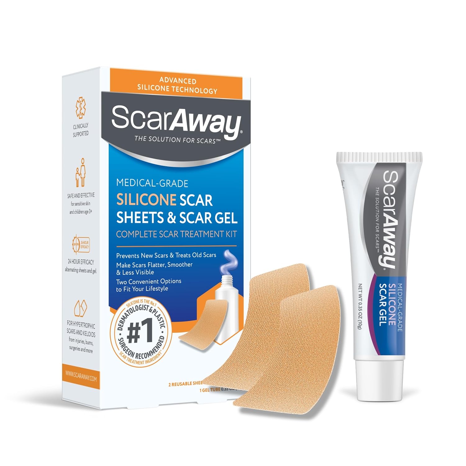 ScarAway Complete Scar Treatment Kit, 2 Reusable Fabric Sheets & 1 Gel Tube