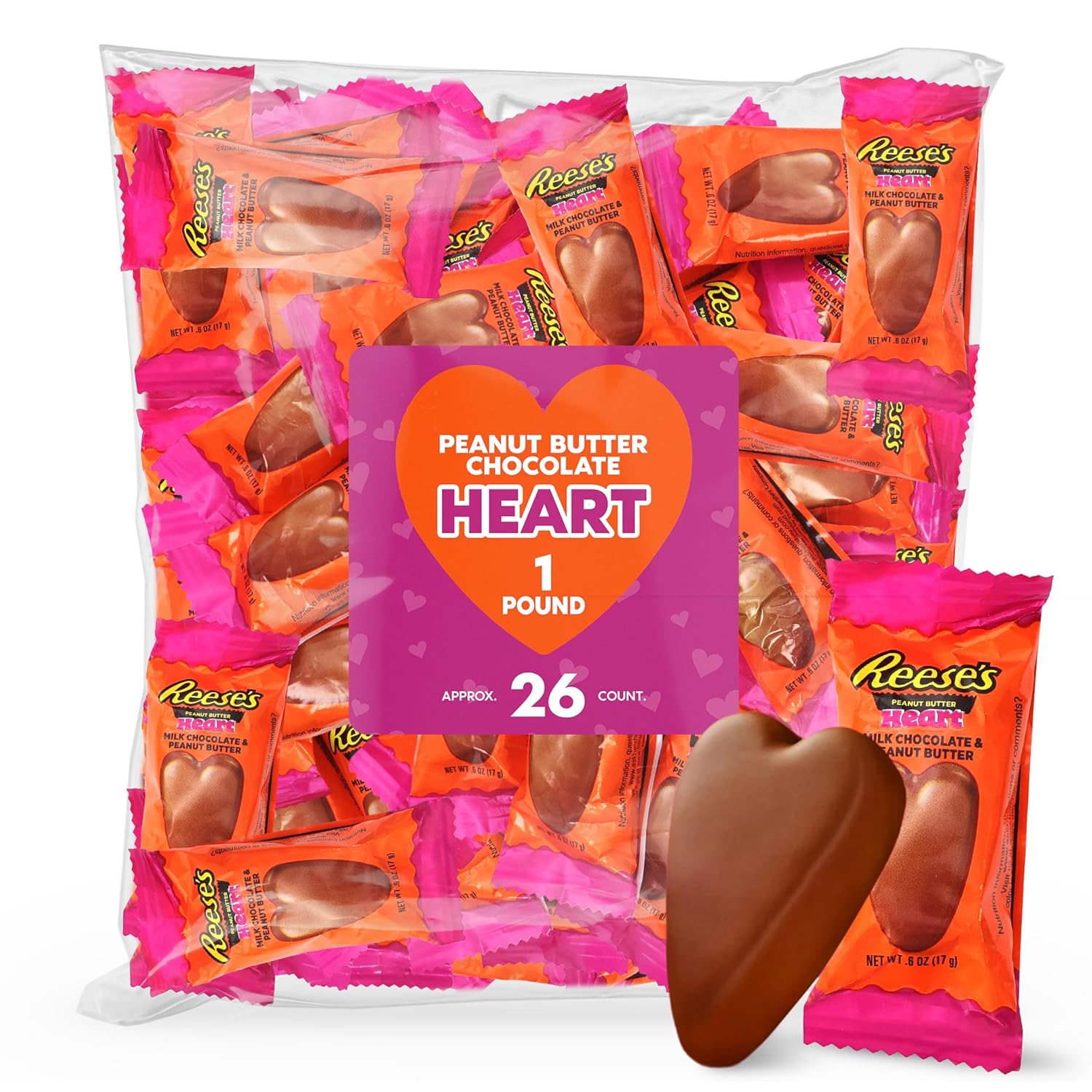 Bulk Milk Chocolate Peanut Butter Hearts Candy 1 Pound Snack Size - Approx. 26 Individually Wrapped Heart-Shaped Candies For Party Treats, Gift Bags & Snacks