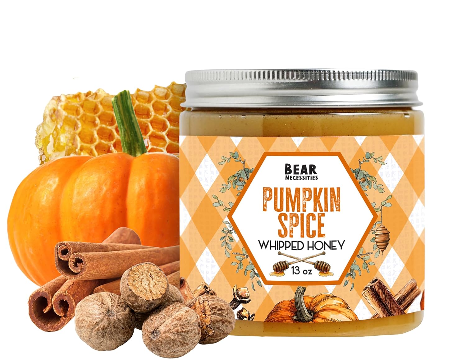 Bear Necessities Pumpkin Spice Whipped Honey – Pure Raw Michigan Creamed Honey with Pumpkin, Cinnamon & Fall Spices – Butter-Like Seasonal Spread for Baking, Toast & Desserts – 13 Ounce Jar