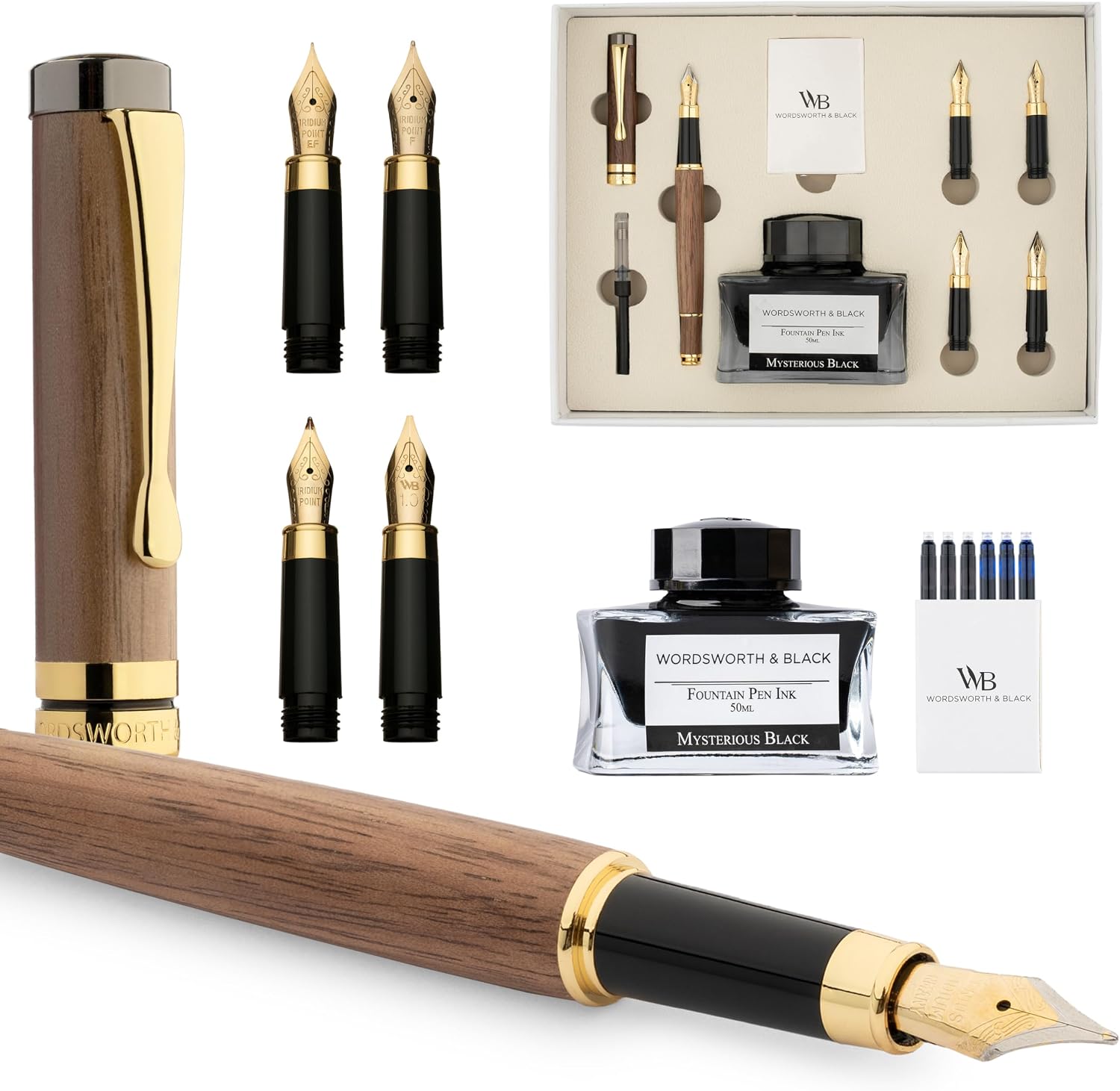 Wordsworth & Black Luxury Bamboo Brown Fountain Pen Set, 4 Nibs