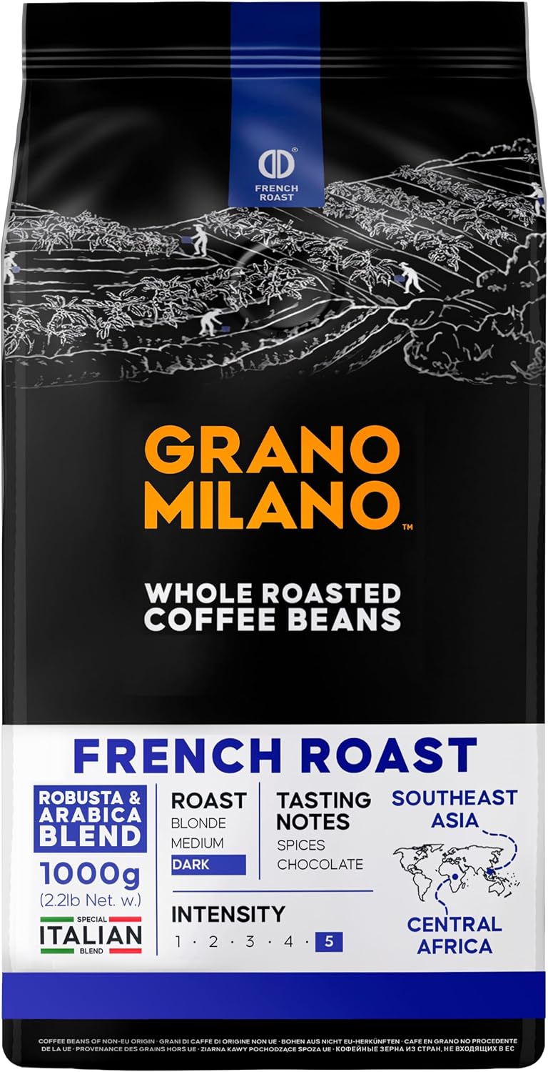 Grano Milano French Roast Coffee Beans 1kg, Extra Strong Dark Roast