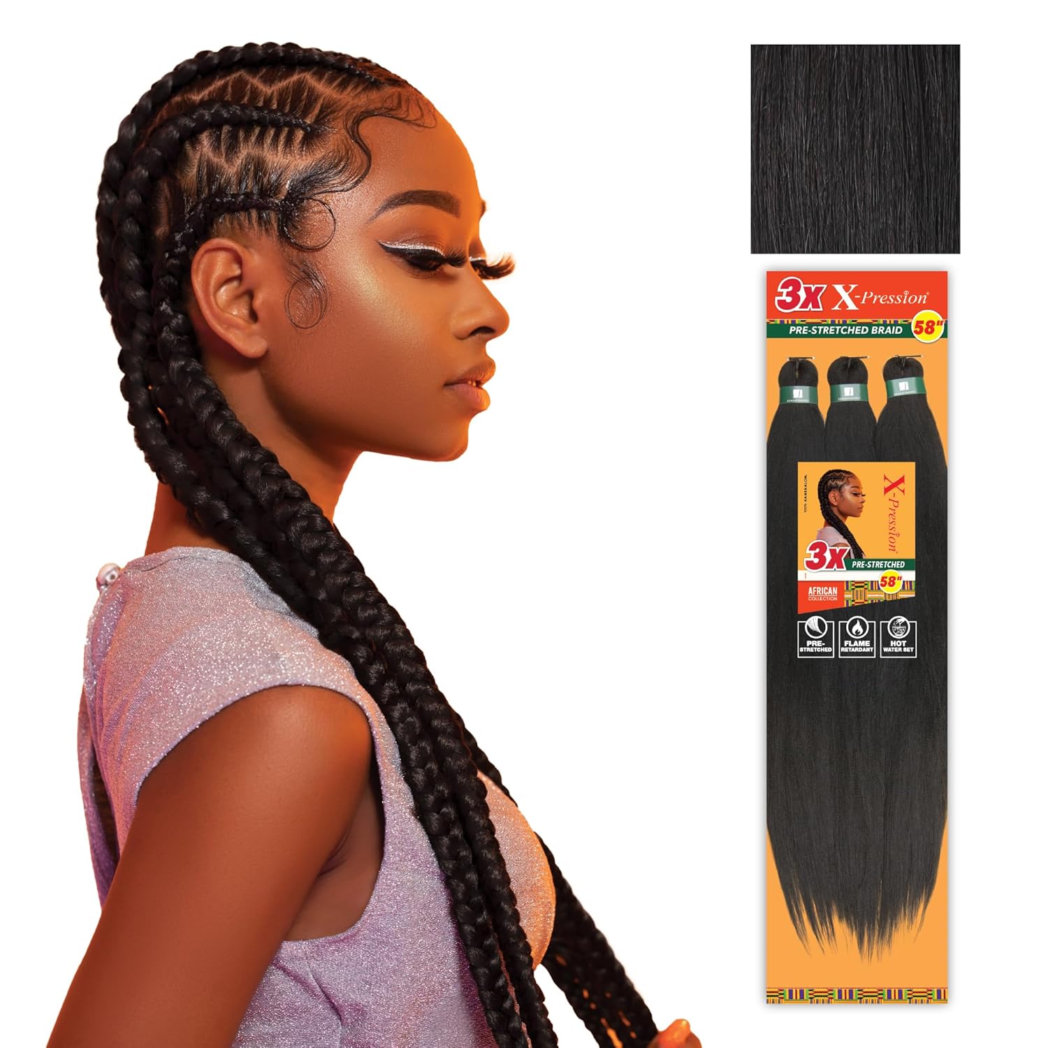 Sensationnel Xpression prestretched braiding hair - 3x xpression 58-inch flame retardant smooth yaki braid - 3x x-pression 58 inch (1 pack, 1B OFFBLACK)