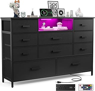 Dresser with Charging Station, Black Dresser for Bedroom with 10 Drawers, TV Stand Dresser with LED Light for 55" TV, Fabric Drawer Dresser with PU Finish, Chest Dresser for Bedroom, Closet
