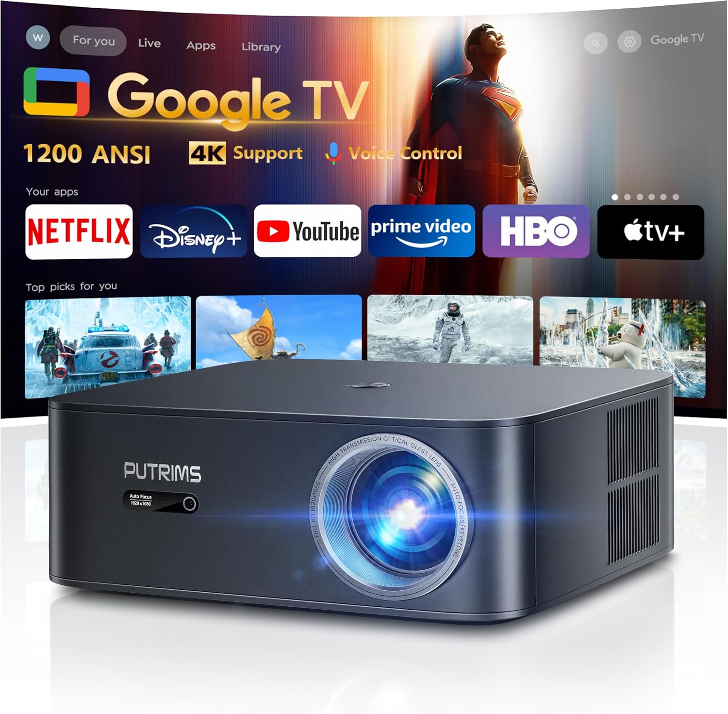 [1200 ANSI/Google TV/Voice Control]Smart Projector with WiFi 6 and Bluetooth, Netflix-Licensed 4K Support, Outdoor Movie Proyector, 1080P Home Ceiling Auto Focus Projector, PUTRIMS K12 Gray