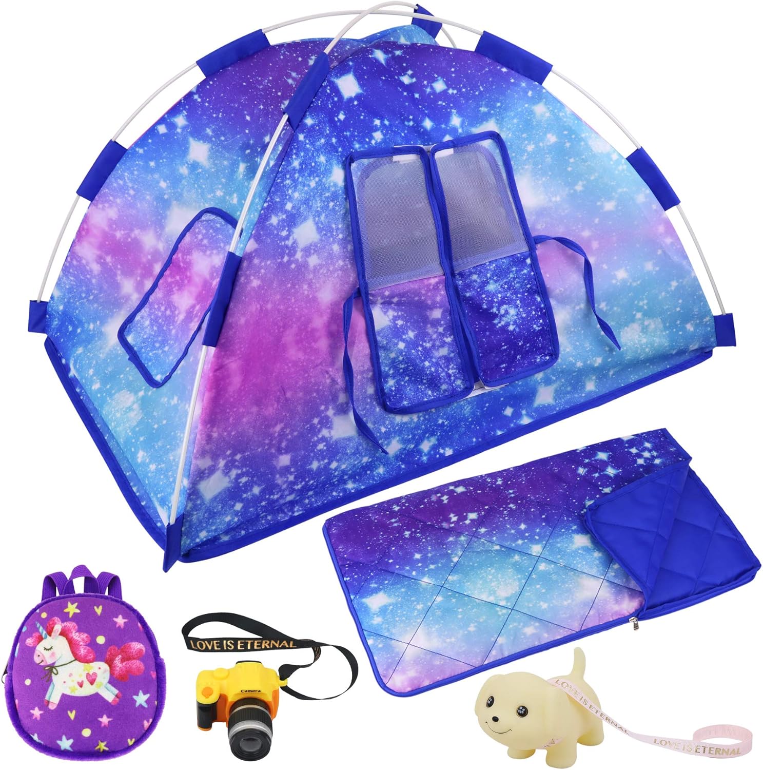 Ecore Fun 5 Items 18 inch Dolls Camping Tent Set and Accessories Including Girl Doll Tent, Sleeping Bag, Backpack, Toy Camera and Dog