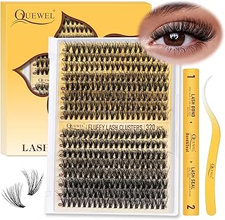 QUEWEL DIY Lash Extension Kit, 320Pcs 30D+40D Fluffy Lash Clusters Mix 12-18mm Lash Clusters Kit with Lash Bond and Seal and Lash Tweezers Easy DIY at Home(30+40D Fluffy Kit)