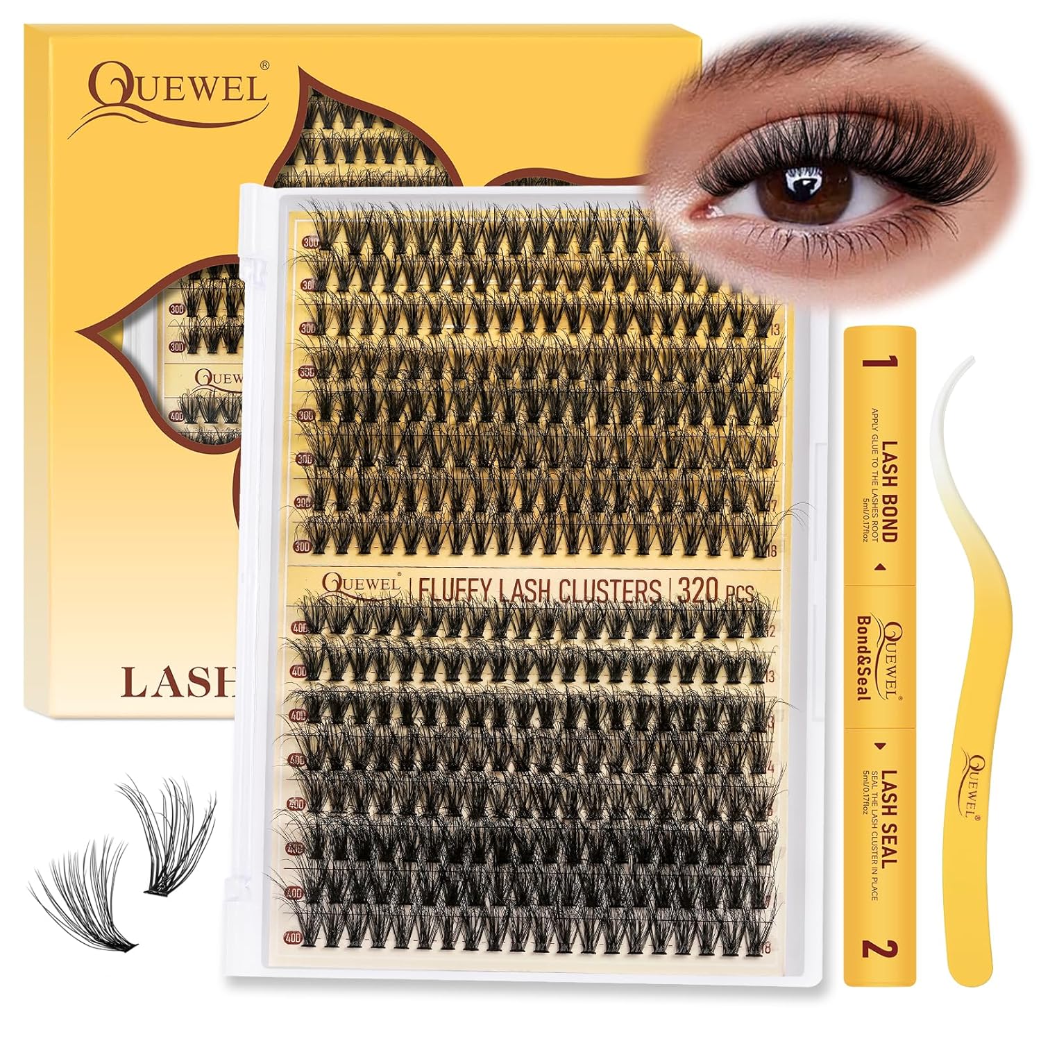 QUEWEL DIY Lash Extension Kit, 320Pcs 30D+40D Fluffy Lash Clusters Mix 12-18mm Lash Clusters Kit with Lash Bond and Seal and Lash Tweezers Easy DIY at Home(30+40D Fluffy Kit)