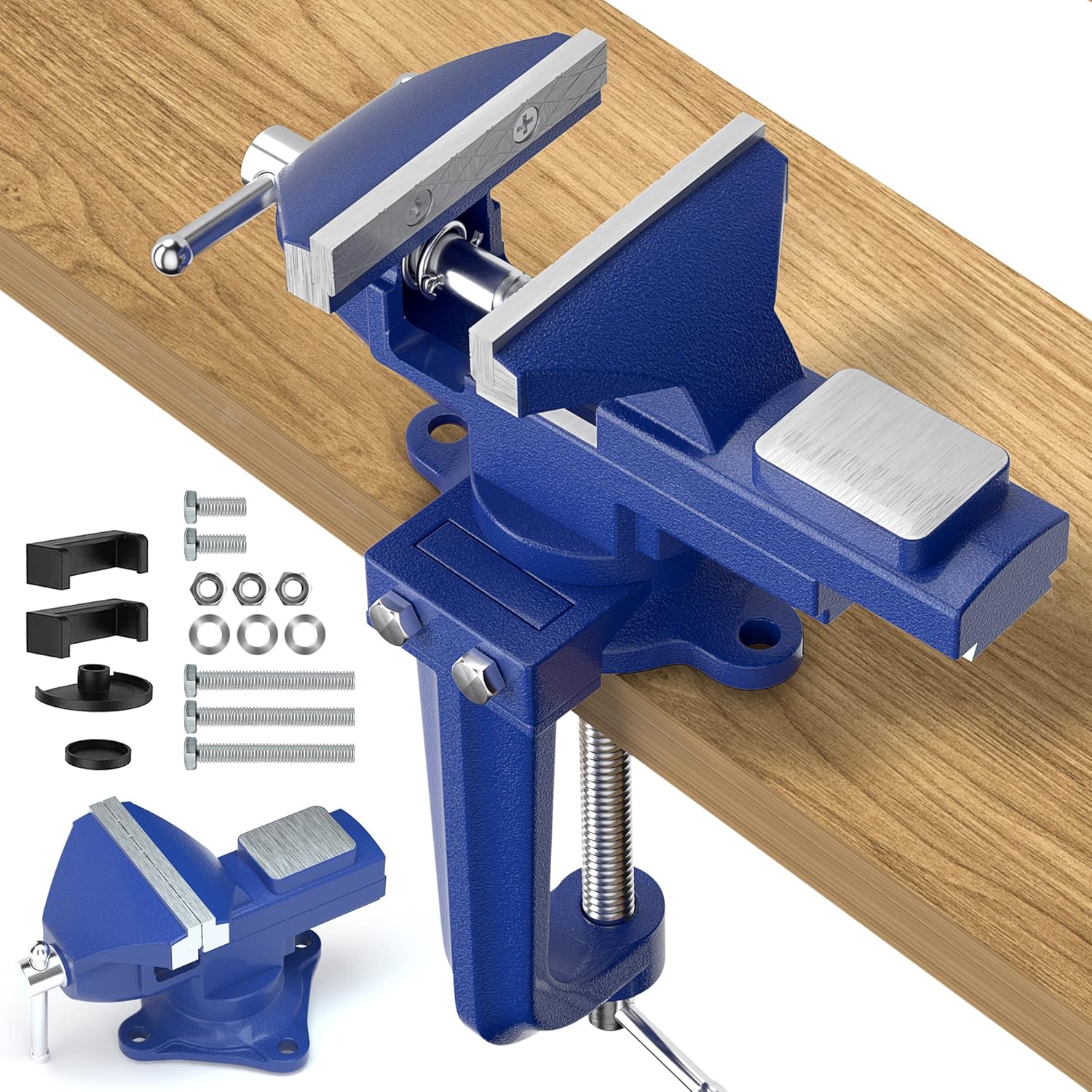 2-in-1 Bench Vise For Workbench 3.2"- Multi-functional Portable 360° Swivel Base Bench Clamp On Vice/Table Vise For Woodworking, Cutting Conduit, Drilling, Metalworking, Blue