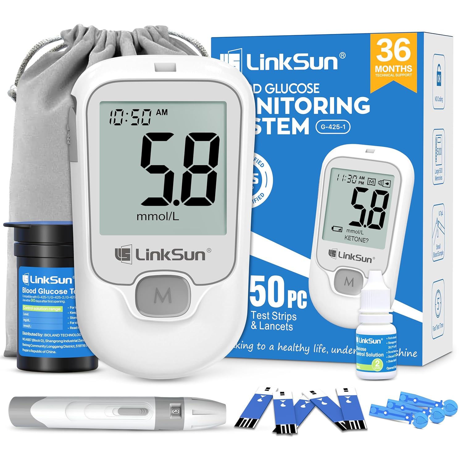 LinkSun G-425-1 Blood Glucose Monitor Kit,Blood Sugar Monitor with 50 Test Strips,50 Lancets,1 Glucometer,1 Lancing Device,1 Control Solution,No Coding,Time-Stamped Results,Results in mmol/L