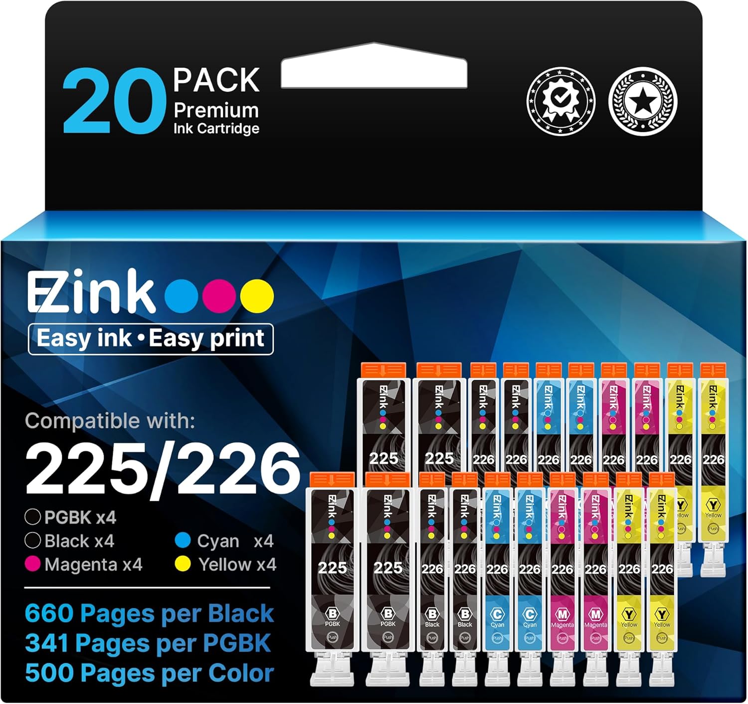 E-Z Ink Compatible Ink Cartridge Replacement for Canon PGI-225 CLI-226 PGI225 CLI226 to use with MG6220 MG6120 MG5320 MX882 MX892 (4 Large Black, 4 Cyan, 4 Magenta, 4 Yellow, 4 Small Black) 20Pack