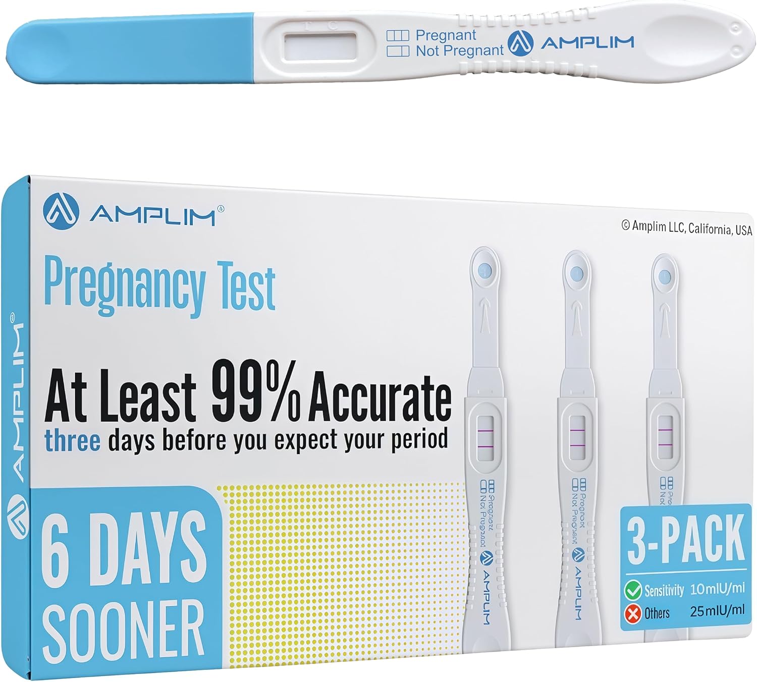 Amplim Early Detection Pregnancy Test Bulk, 10 MIU/mL, 99.9% Accurate HCG Test Midstream, Early Result 6 Days Sooner, Extra Sensitive ept, HSA FSA Approved, HPT Easy Home or Clinic Urine Test, 3 Pack