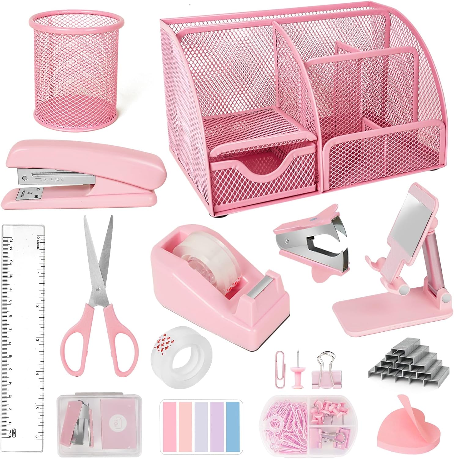 Desk Organizers and Accessories, Office Supplies 15PS Set with Stapler, Staple Remover, Pen Holder, Clips Set, Tape Dispenser, Tape, Phone Holder, 1000 Staples, Ruler, Scissors (Pink)