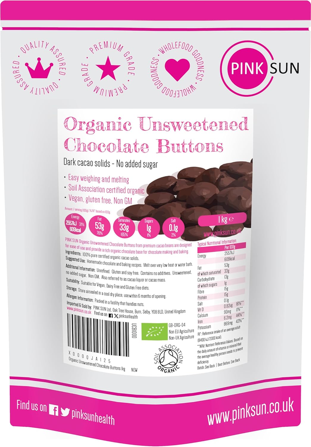 PINK SUN Organic Unsweetened Chocolate Buttons 1kg - 100% Pure Cacao Solids Sugar Free Vegan Cocoa Mass