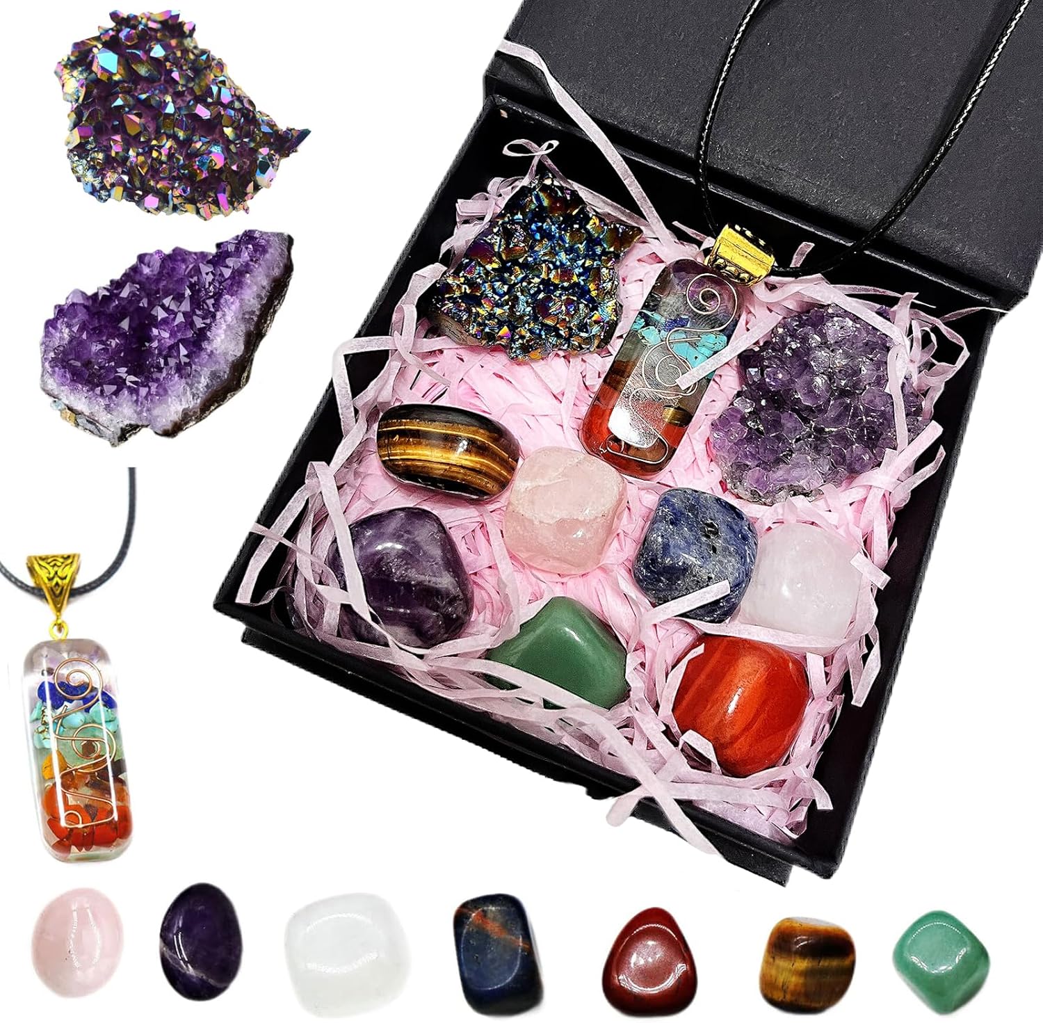 Qlisytpps 10pcs Healing Crystals Set Real Crystals Stones Kit, Chakra Crystals Gemstones Amethyst Clusters,geode Crystals,Chakra Necklace Witchcraft Crystals Gifts Beginners Gifts for Women