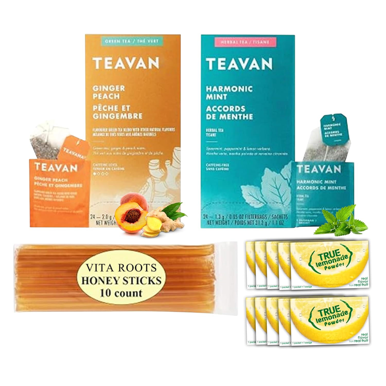 VitaRoots Teavan Harmonic Mint and Ginger Peach Tea - Medicine Ball Recipe DIY Kit - Total 48 Tea Bags (24 Each) Plus 10 Pure Honey Sticks and 10 Lemonade Powder Packets - Get Well Gifts