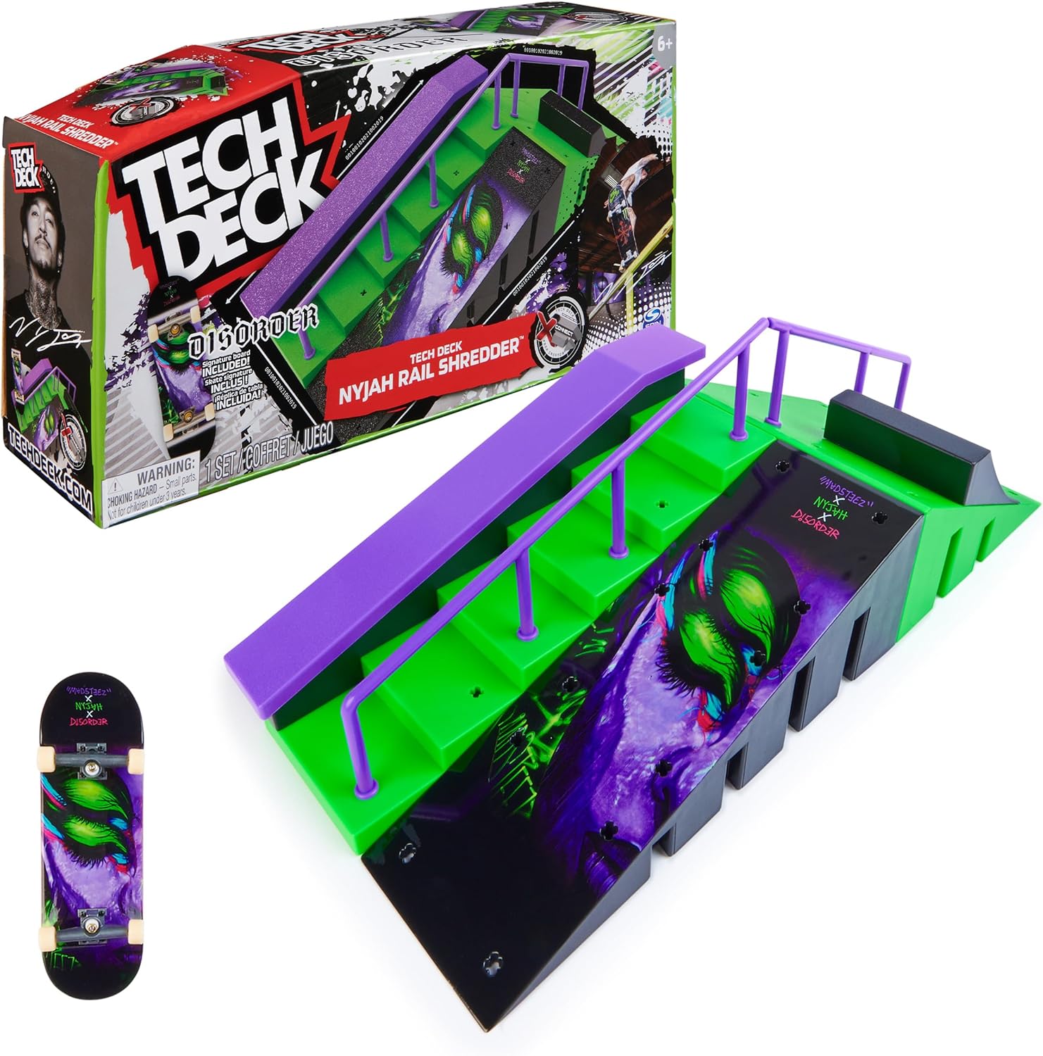 Tech Deck Rampa Nyjah Rail Shredder Fretboard Set + Colourful Collectable Skateboard