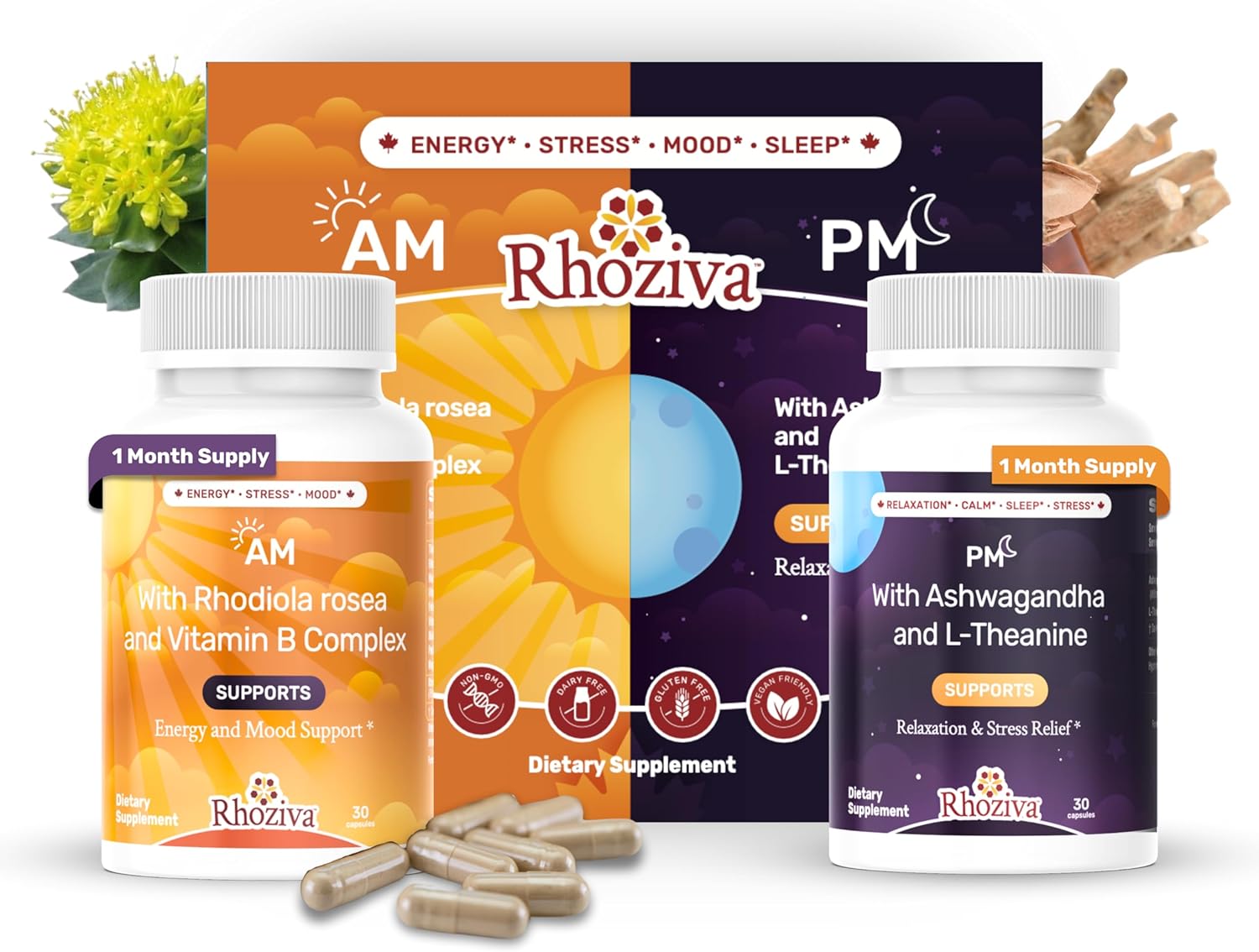AM PM Supplement - Daytime Energy Supplement, Nervousness Relief, Mood Support, Night Time Sleep & Calming Supplement for Men & Women, Rhodiola Rosea, Ashwagandha, L-Theanine 200mg - 60 Capsules