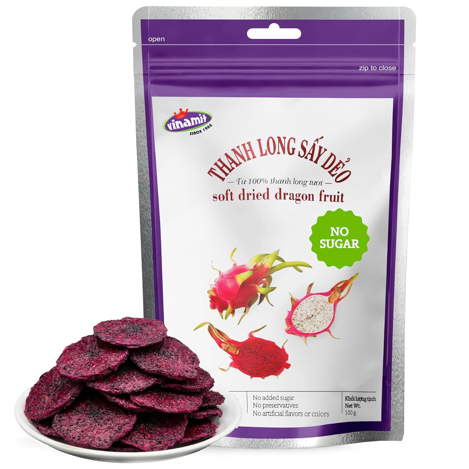 Vinamit Soft Dried Dragon Fruit 3.5 oz, Chewy Tropical Fruit Snacks | 100% Red Dragon Fruit, No Sugar Added, Naturally Mild Sweet, Dried Fruit for Smoothies, Adults & Kids’ Lunchboxes