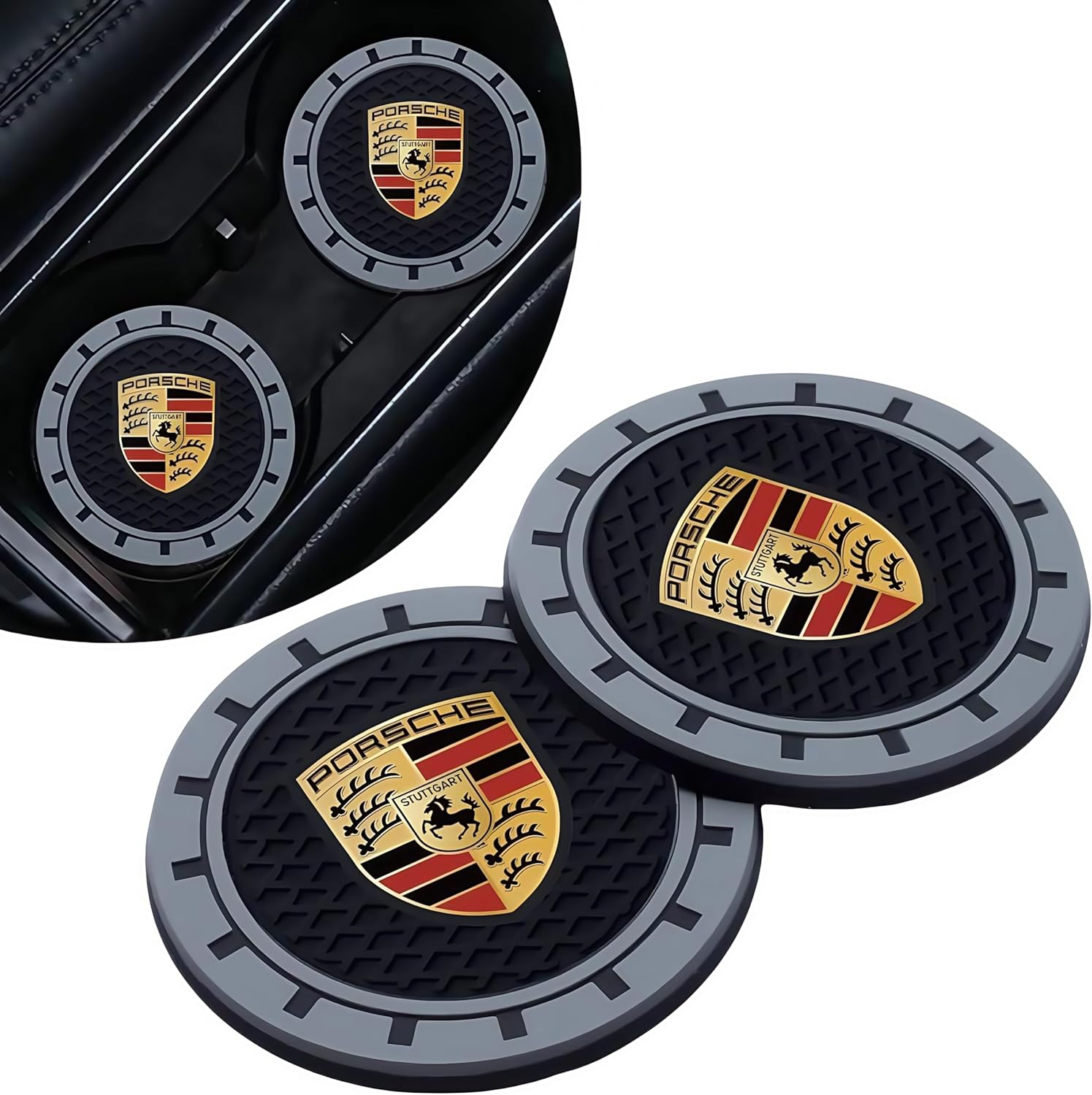 Porsche Coaster Insert for Panamera Cayenne Macan Boxster Taycan Cayman 718 911 - Anti Slip Car Cup Coaster, Black