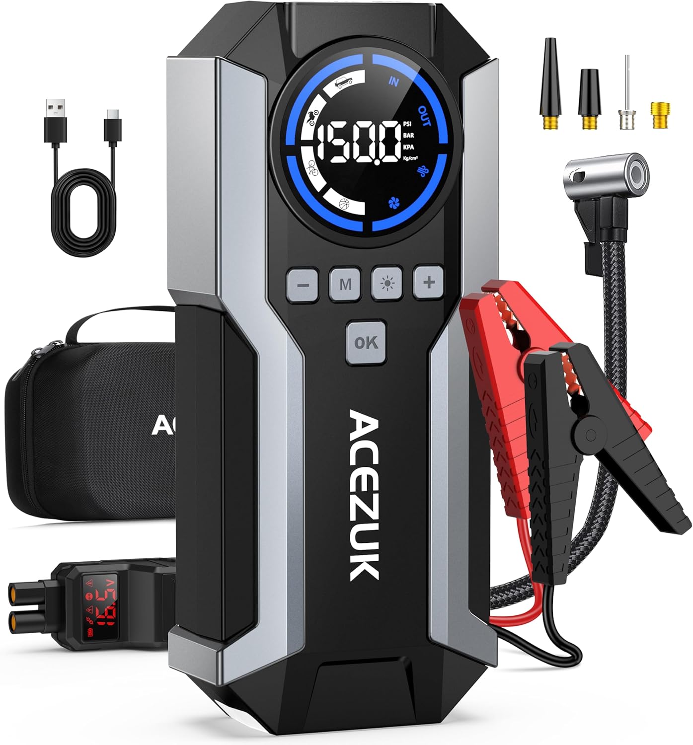 7000A Jump Starter Power Pack with 150PSI Air Compressor,12V Portable Car Battery Booster Jump Starter(All Gas/12.0L Diesel),Car Starter Power Bank, LCD Display and LED Lights