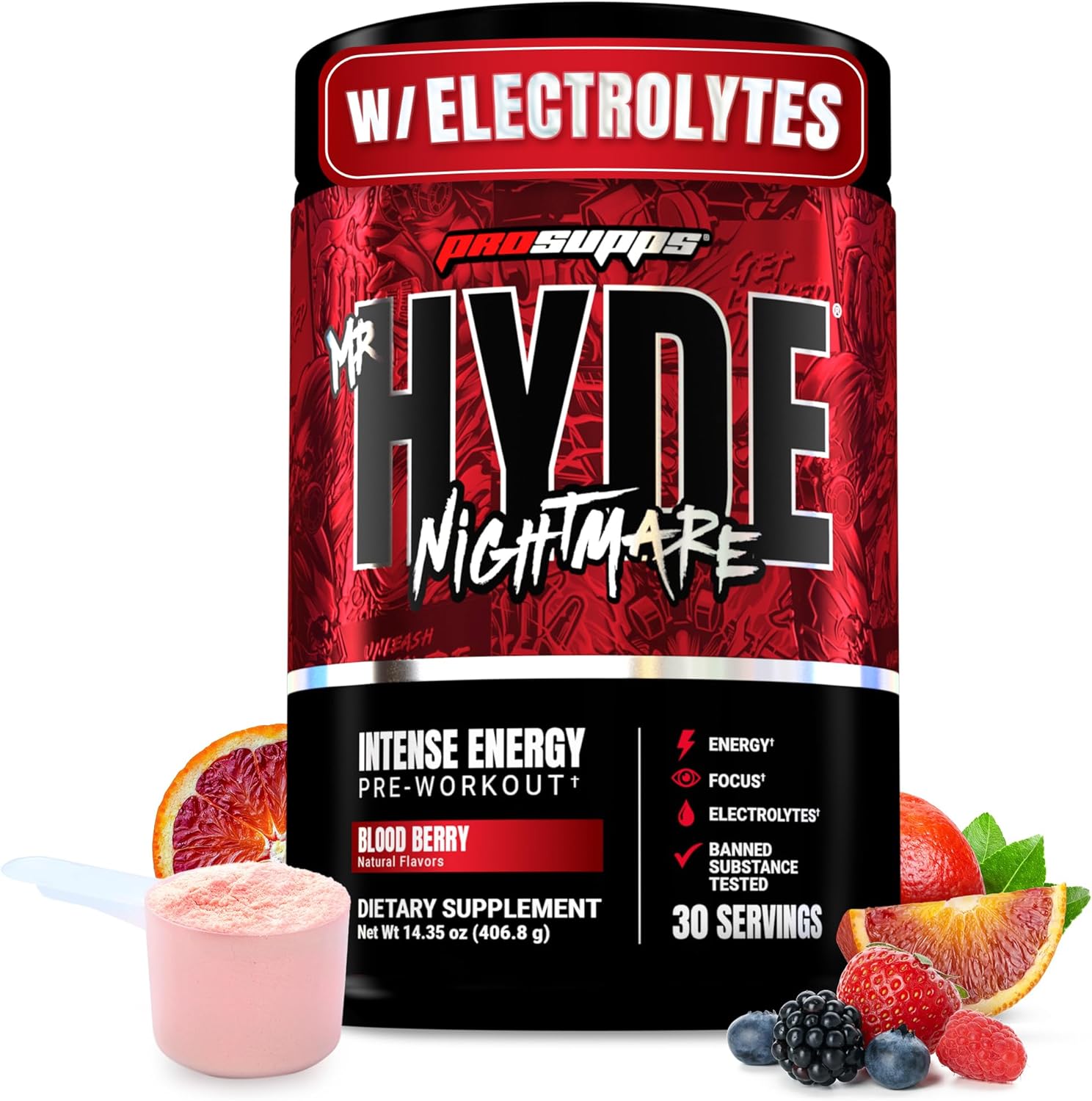 PROSUPPS Mr. Hyde Nightmare Pre Workout Powder with Caffeine & Beta Alanine - Preworkout for Intense Energy, Mental Focus & Performance - Gym & Fitness Supplements (Blood Berry, 30 Servings)