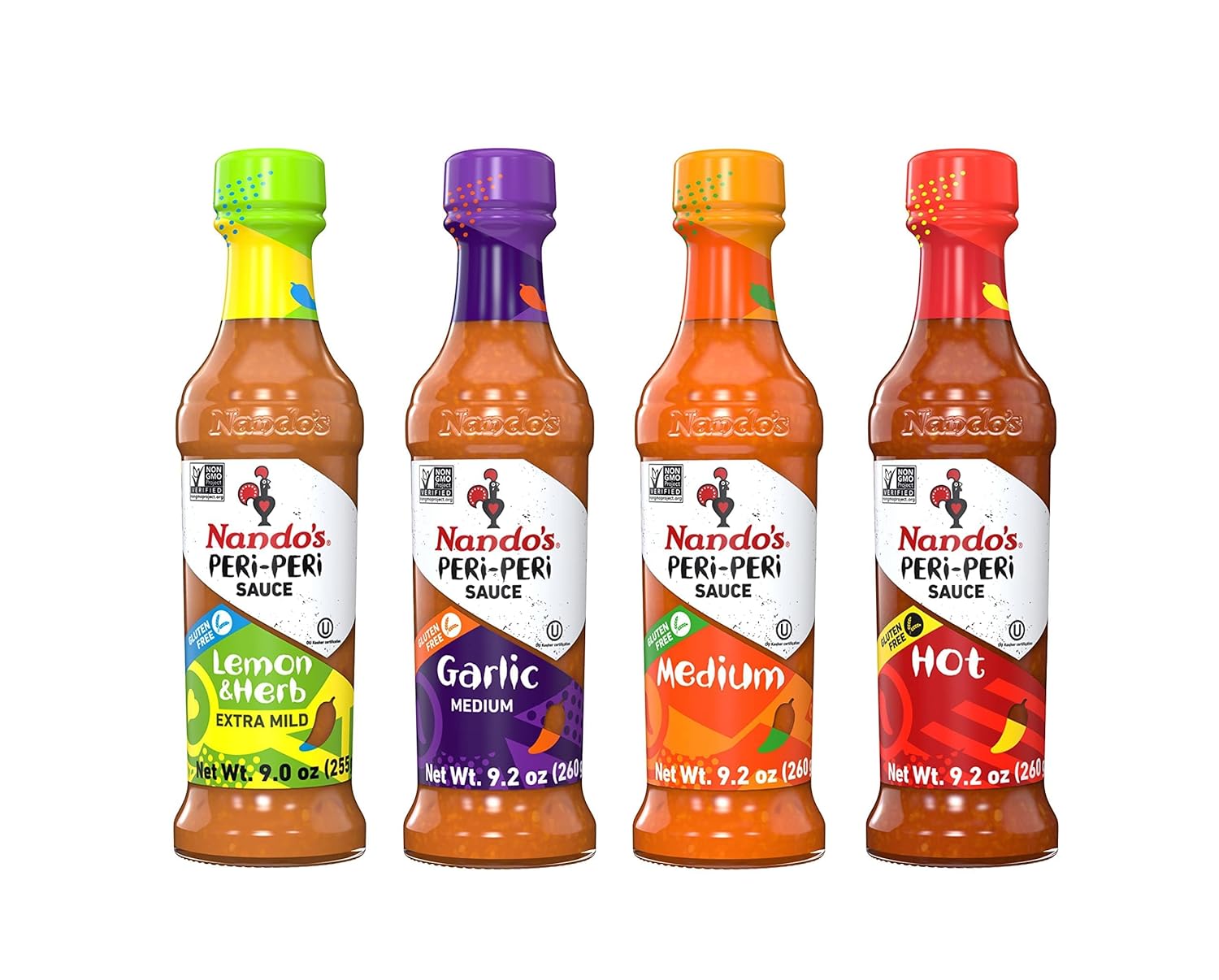Nando's PERi-PERi Hot Sauce Variety Gift Pack - Medium, Hot, Garlic, Lemon & Herb Piri Piri Sauces | Flavorful Hot Sauce Gift Set Box | Great as Wing Sauces! Gluten Free - 9.1 oz (4 Pack)