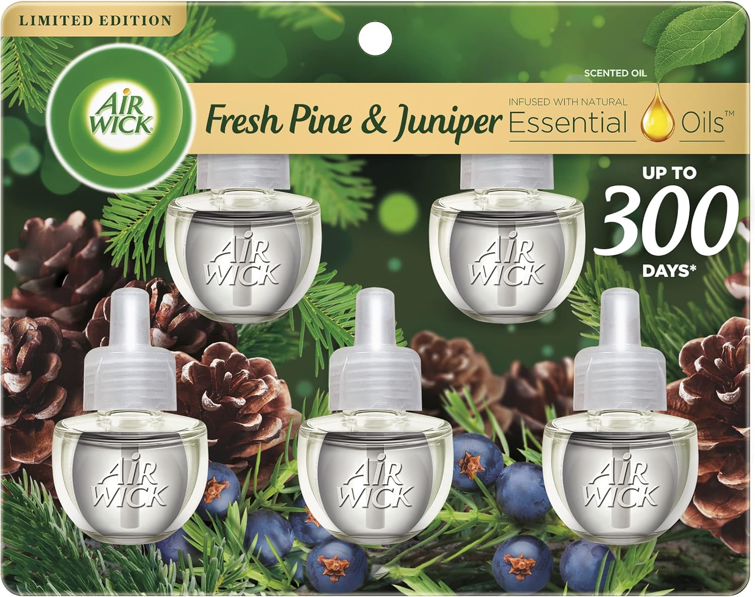 Air Wick Plug in Scented Oil Refill, 5 ct, Fresh Pine and Juniper, Air Freshener, Essential Oils, Fall Scent, Fall decor