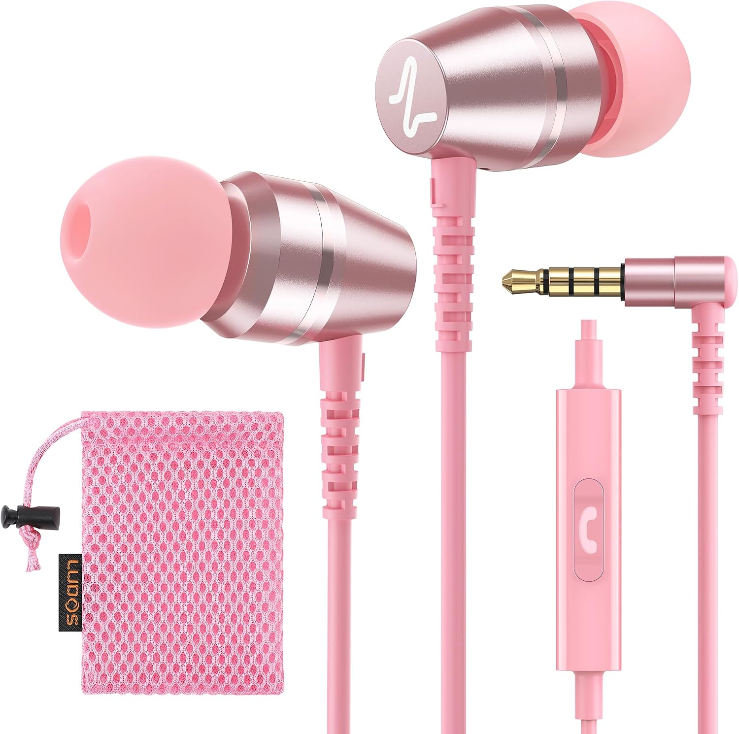 LUDOS OMNITONE Wired Earbuds in-Ear Headphones, 5 Year Warranty, Earphones with Microphone, 3.5 mm Jack Corded Ear Buds, Videoconference for iPhone, Samsung, Laptop, Kids, School Students - Pink
