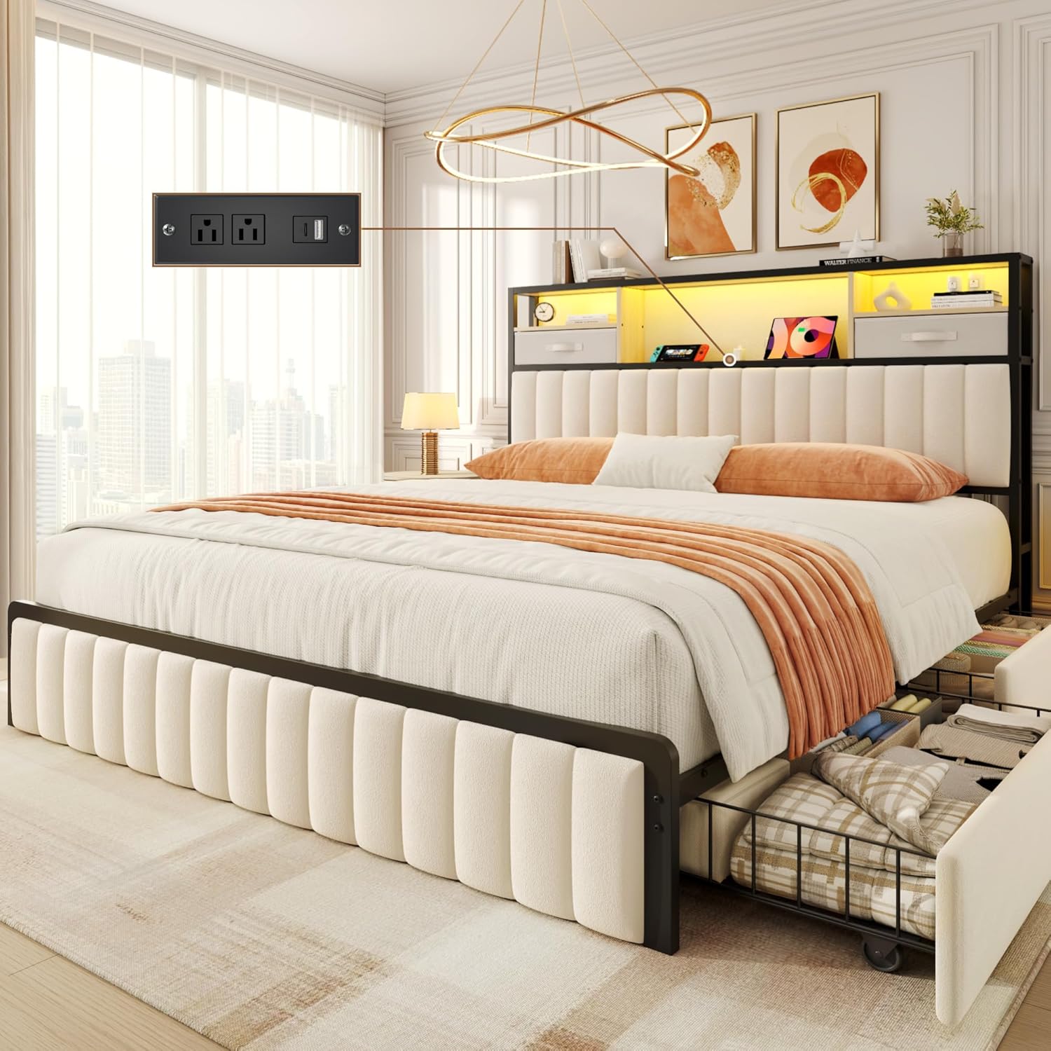 Lifezone Queen Bed Frame with Storage, Upholstered Platform Bed with Headboard and 4 Drawers, LED Lights and Charging Station, Noise Free, No Box Spring Needed, Easy Assembly, Metal Support, Beige