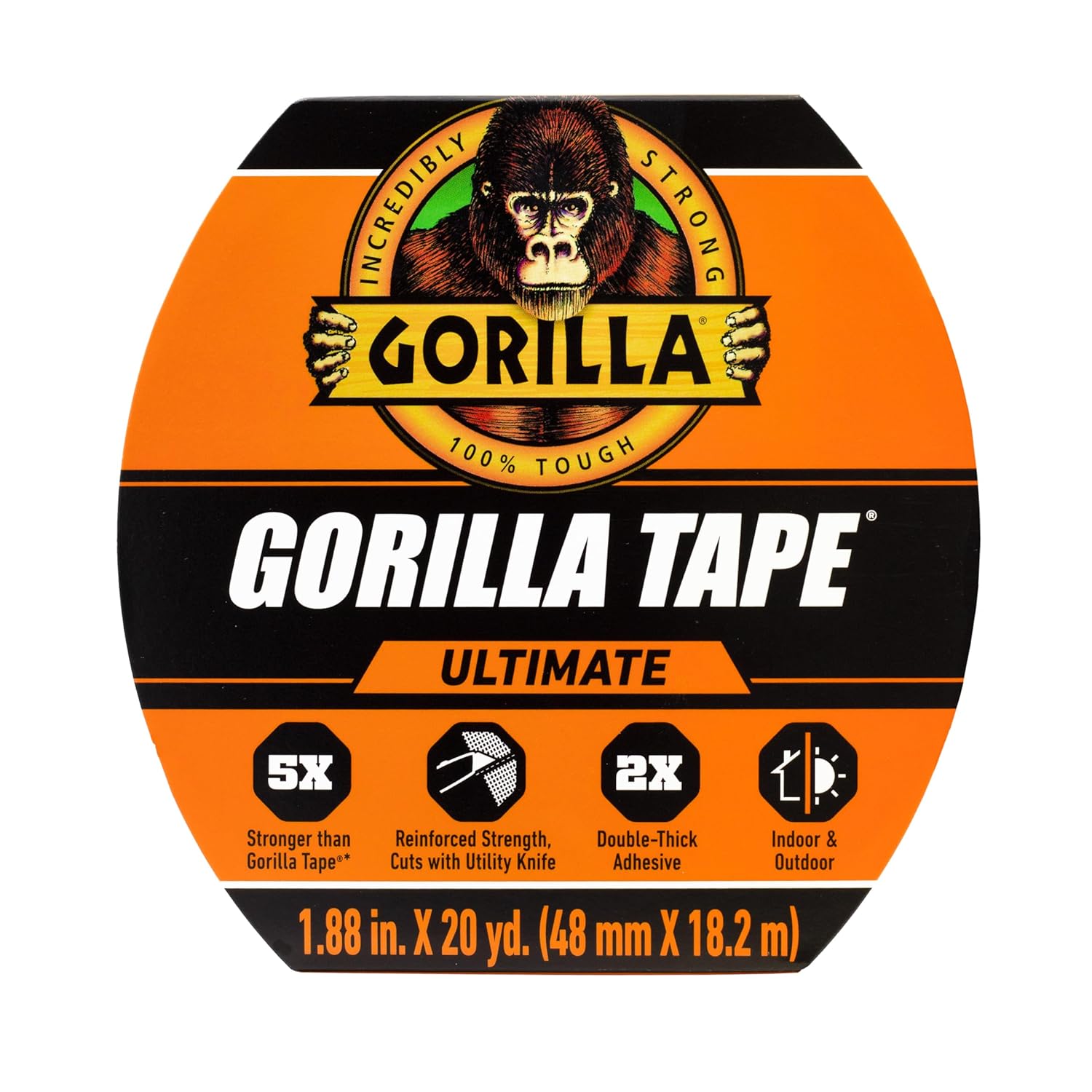 Gorilla Ultimate Tape, High Tensile Cloth with Double-Thick Adhesive for Hauling, Strapping, Patching, Bundling, Lifting, 1.88" x 20yd, Black (Pack of 1)