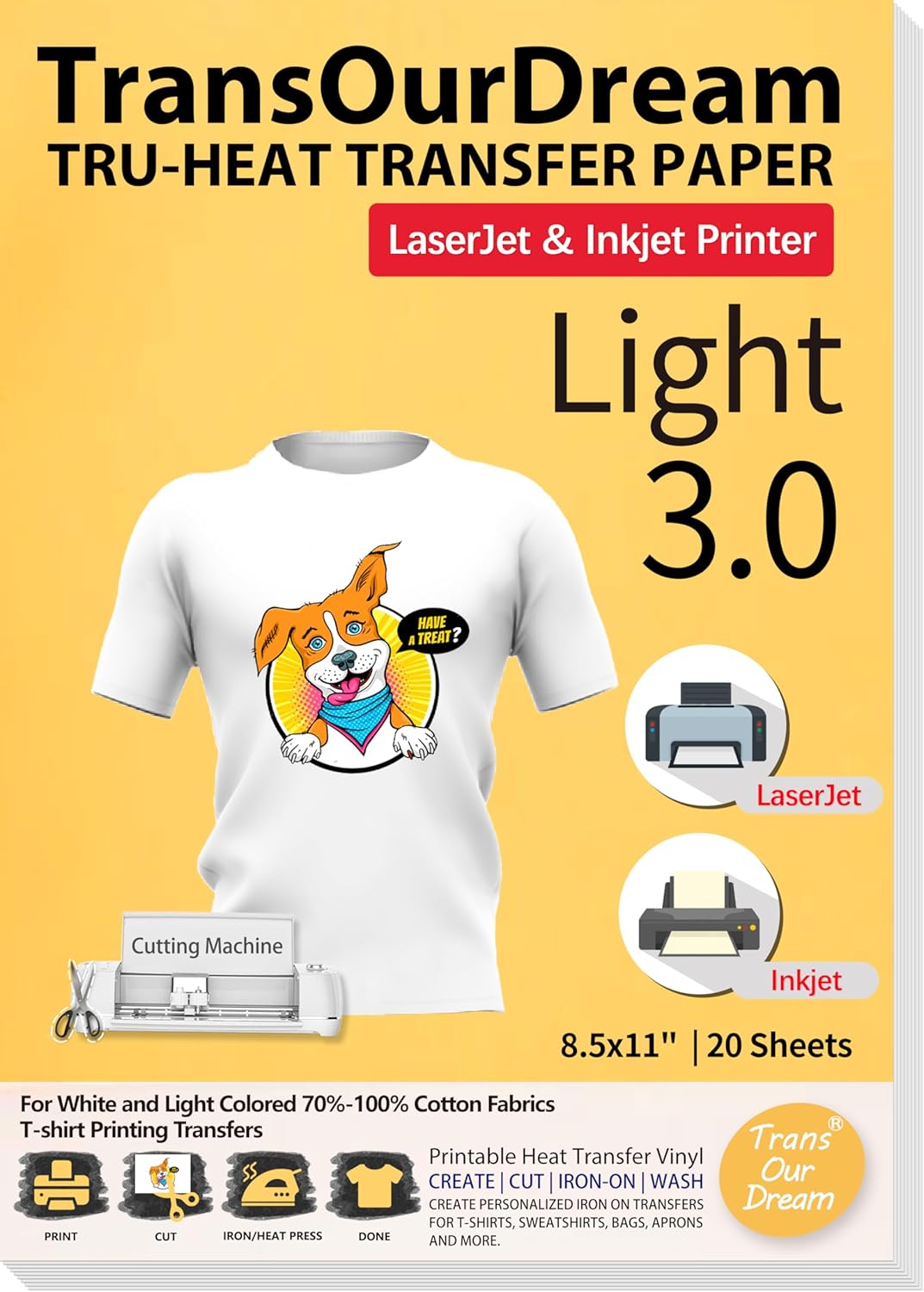 TransOurDream Tru-Heat Transfer Paper for Inkjet & Laserjet Printer (20 Sheets 8.5x11, 3.0) Printable HTV Heat Transfer Vinyl for T Shirts Iron on Transfers for Light Fabrics (TRANS-L3-1-20)