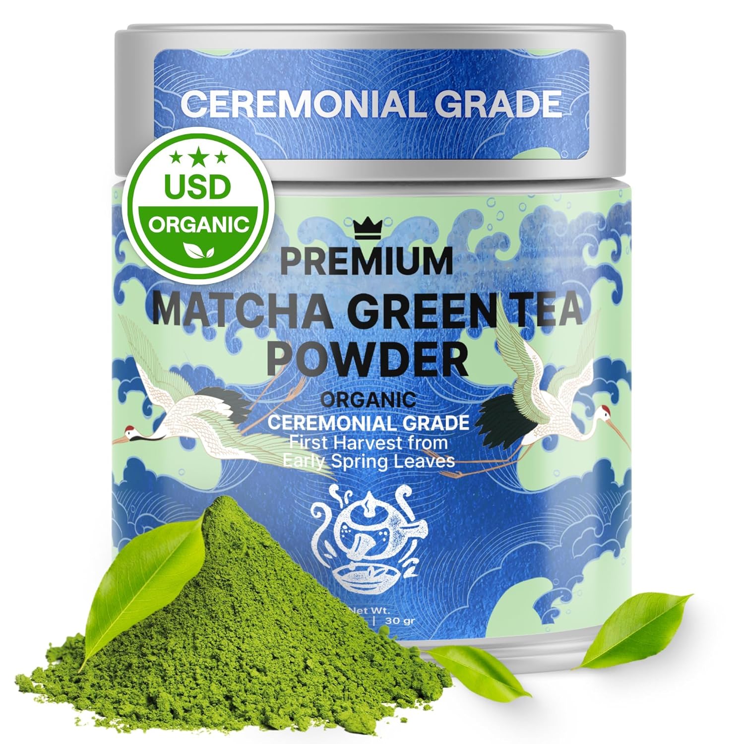 Matcha Organic Ceremonial Grade Green Tea Powder – Premium First Harvest from Japan – USDA Organic, Non-GMO, Gluten-Free – Tin for Tea, Lattes & Smoothies - 1oz