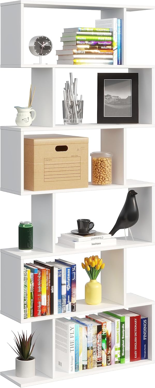 Panana White Wooden Bookcase 6 Tier Shelves Bookshelf S Shape Storage Display Shelf Room Divider Unit Chest Cupboard Cabinet Free Standing Shelving Storage Organizer Unit for Living Room (White)