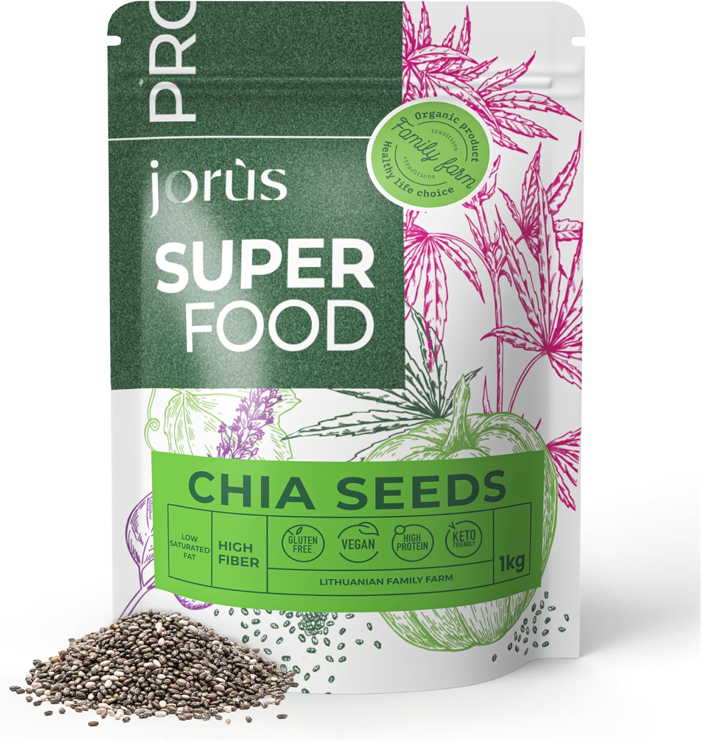 Jorus Chia Seeds Organic 1kg, Natural Source and Omega 3 Black Bio Chia Seeds 1kg